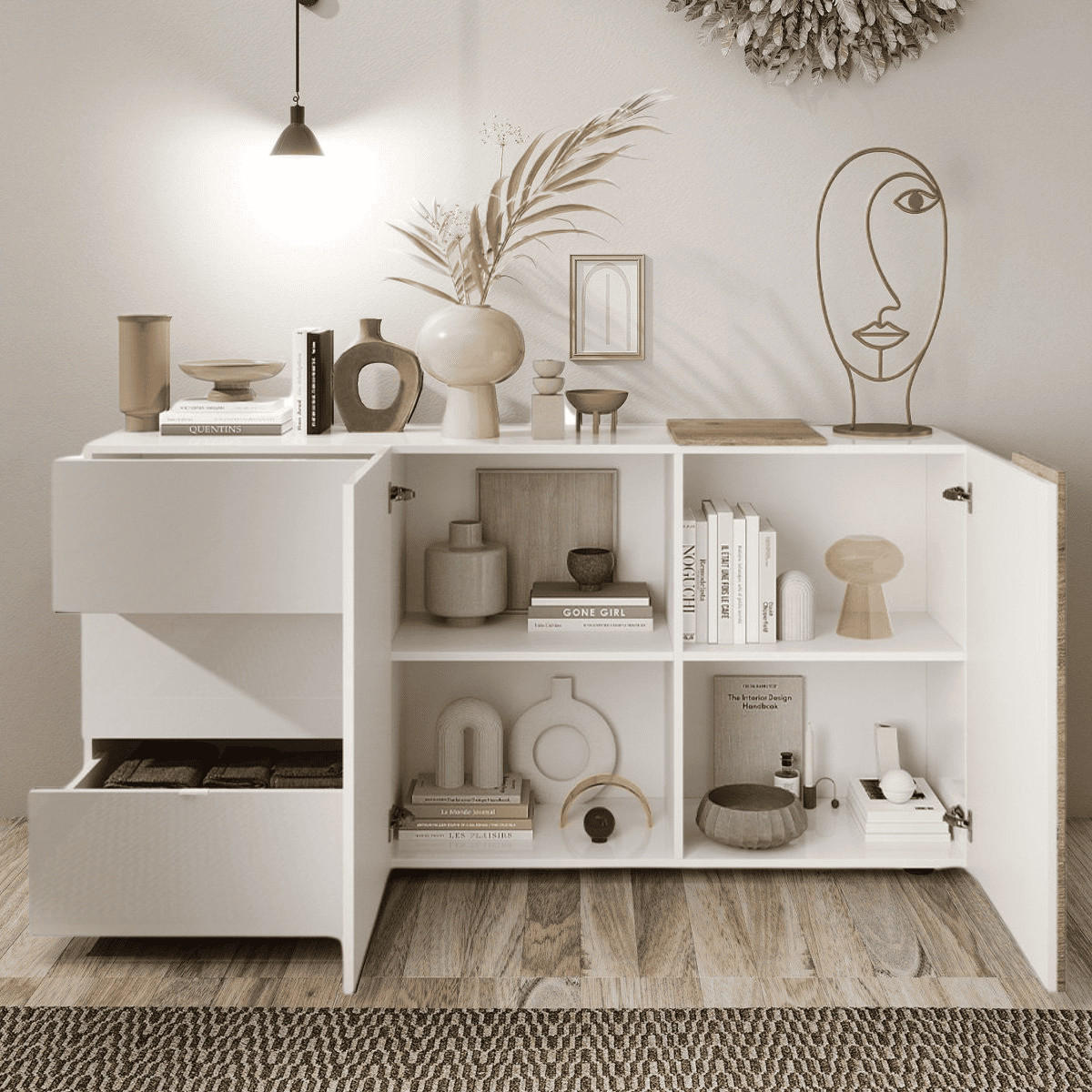 SIDEBOARD 2 Türen 3 Schubladen L181 cm - Pluton - Weiß, Holzwerkstoff (44/84/181cm) - Calicosy