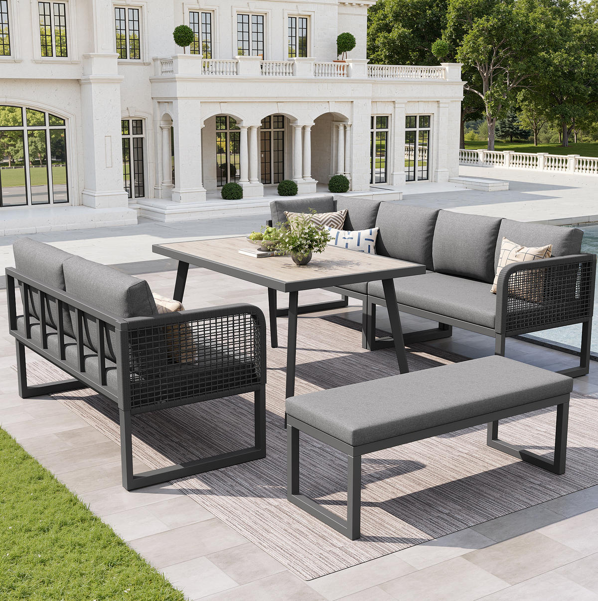 GARTENSETS aus Rattan & Eisen 121,5x61x77 cm Grau mit modularen Elementen - Grau, Metall - Modfu