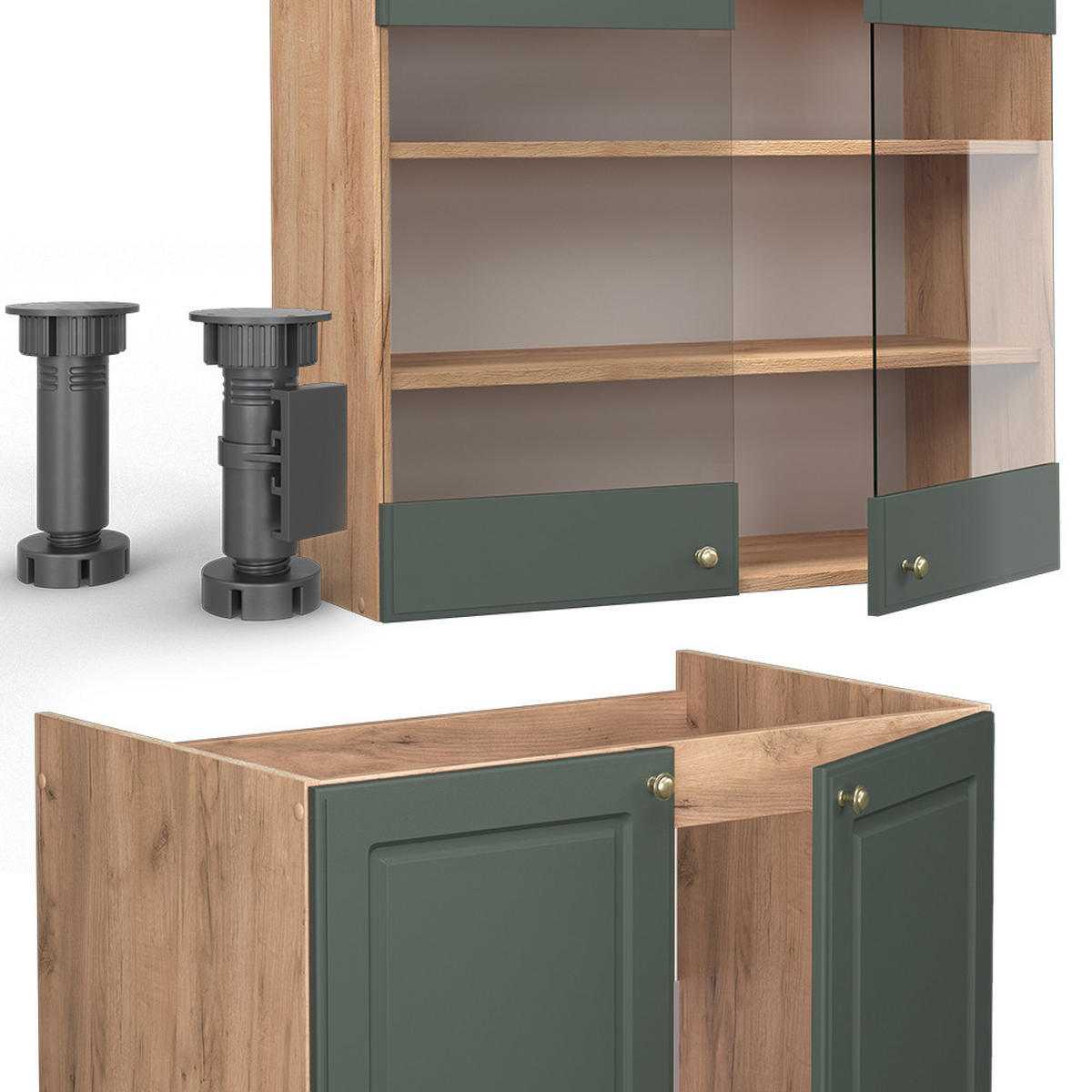 KÜCHENZEILE Fame-Line Grün-Gold Landhaus/Goldkraft Eiche 200 cm AP Anthrazit - Eiche Wotan/Grün, Holzwerkstoff (200/81.6/60cm) - Vicco