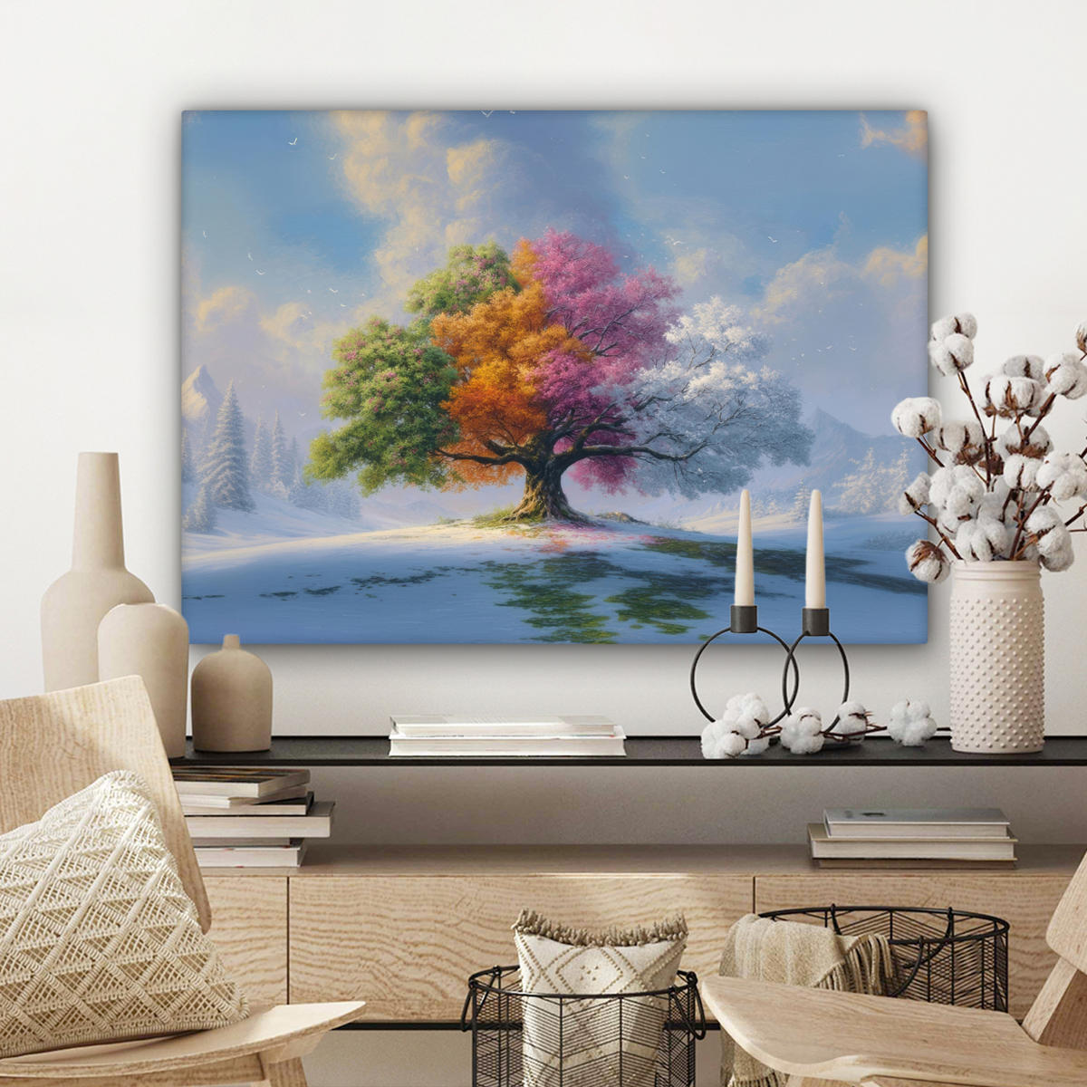 LEINWANDBILD Baum - Jahreszeiten - Winter - Landschaft Wandbilder 80x60 cm - Multicolor, Textil (80/60cm) - MuchoWow