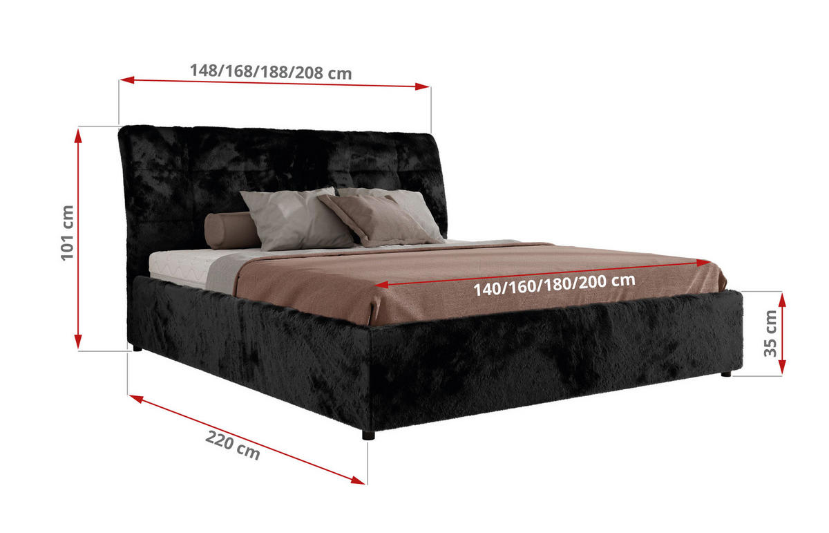 POLSTERBETT GALA CLASSIC 200/200 - Schwarz Plüsch - ohne Matratze - Schwarz, Textil (200/200cm) - MKS