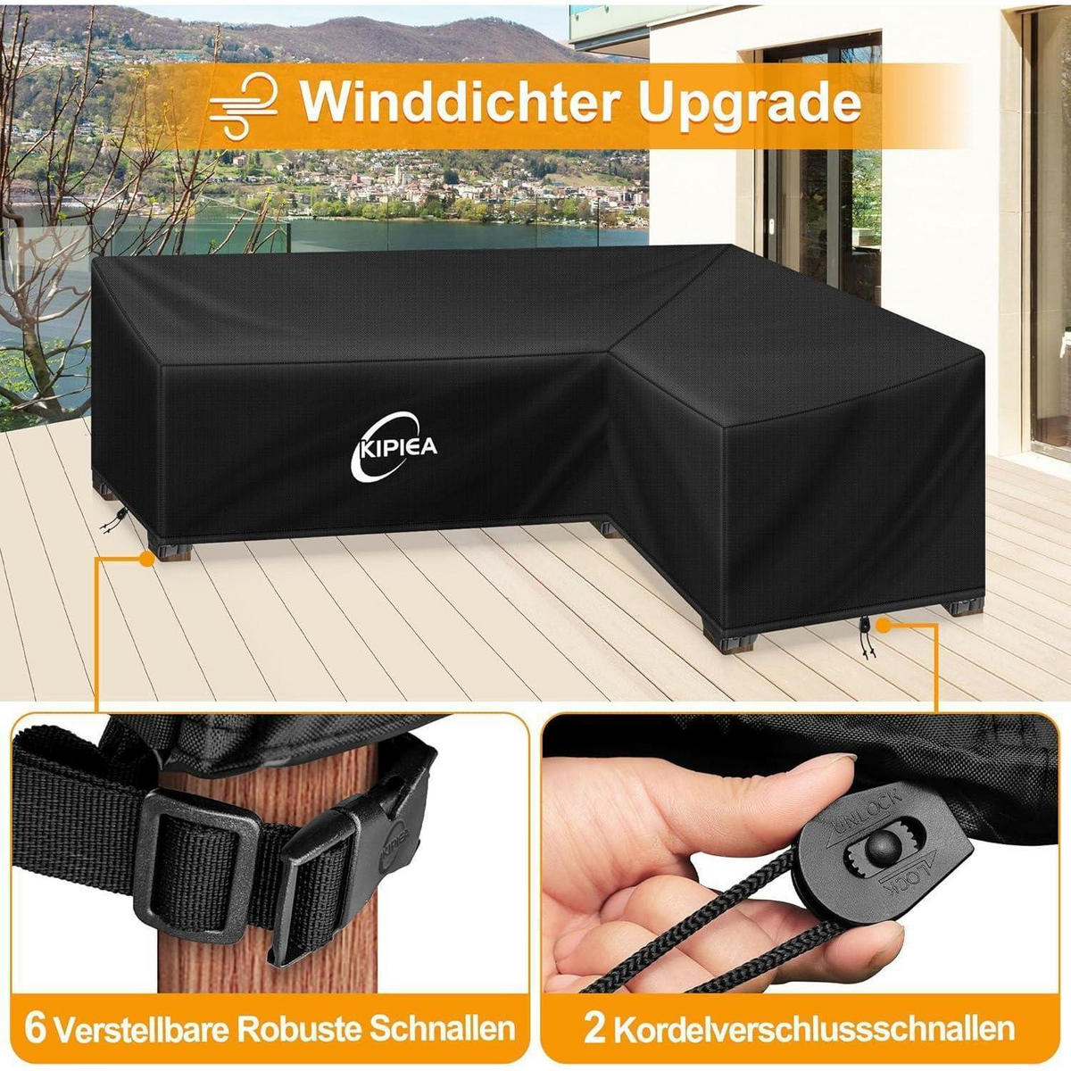 ABDECKUNG Loungemöbel L-Form Wasserdicht 198 x 147 x 85 cm - Schwarz, Kunststoff (147/85/198cm)