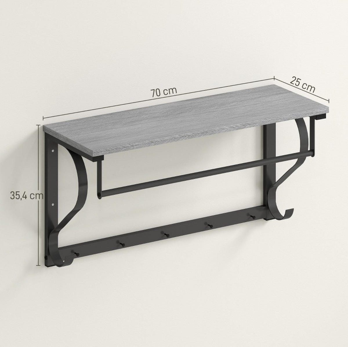 WANDGARDEROBE mit 5 Haken, Ablagefach und Kleiderstange in Holzoptik, Grau - Grau, Holz (70/35.4/25cm) - Redom