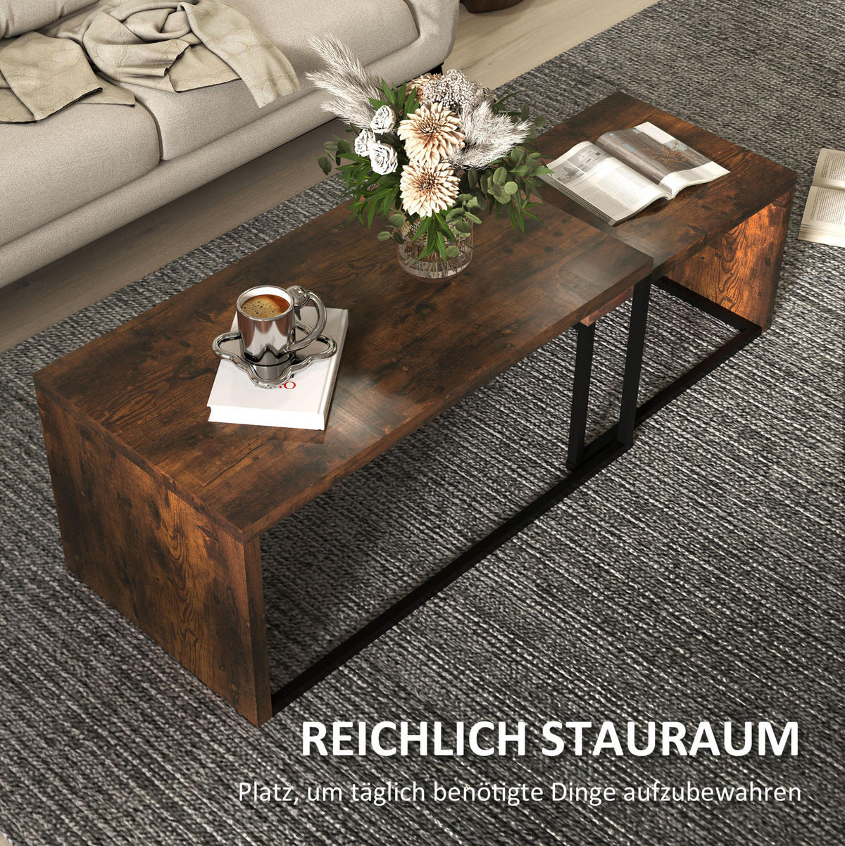 SADA konferenčních stolků 90/48/42 cm rustikálně hnědá z dřeva s kovovou podnoží - hnědá, dřevo (90/48/42cm) - OKWISH