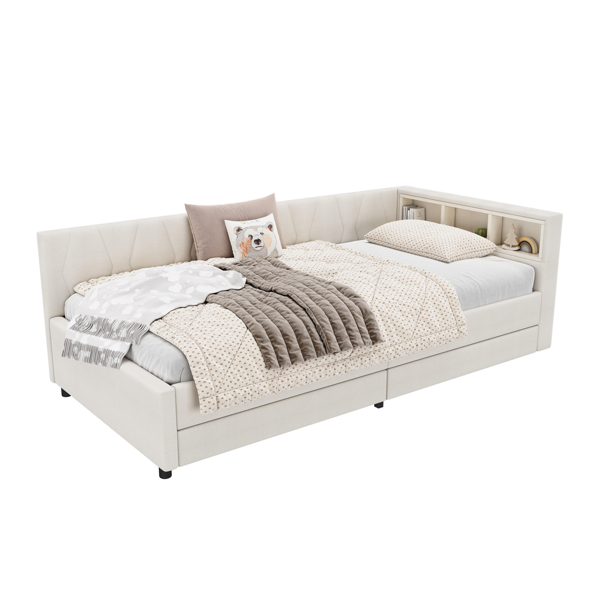 POLSTERBETT 90/200 cm mit Ablagefach USB+Typ C mit LED-Beleuchtung und zwei Schubladen Leinen Beige - Beige, Textil (90/200cm) - OKWISH