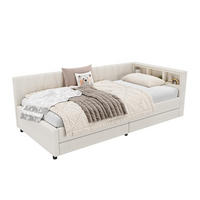 POLSTERBETT 90/200 cm mit Ablagefach USB+Typ C mit LED-Beleuchtung und zwei Schubladen Leinen Beige - Beige, Textil (90/200cm) - OKWISH