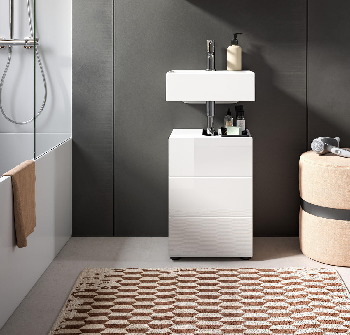 WASCHBECKENUNTERSCHRANK Vira Bad in weiß Melamin und weiß hochglanz B/H/T: 38x56x34 cm - Weiß, Holz (38/56/34cm)