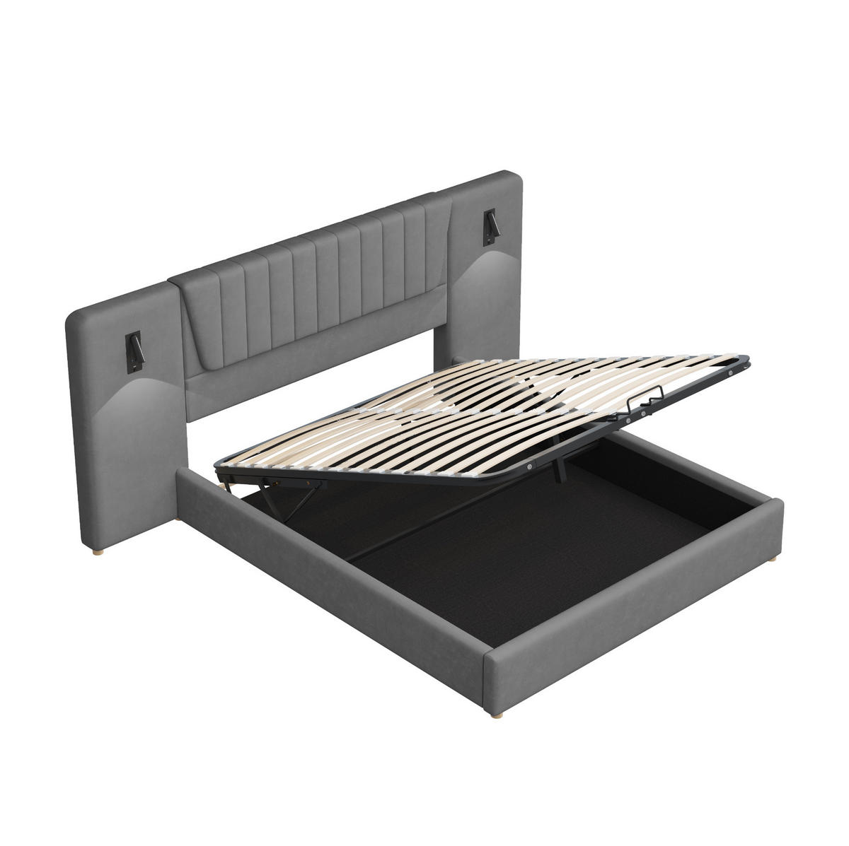 POLSTERBETT mit Stauraum 180x200 cm Samt Grau mit USB und Leselampen - Grau, Metall (180/200cm) - Meubliv