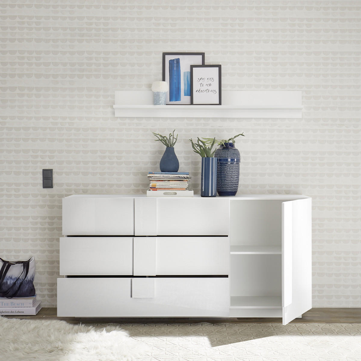 SIDEBOARD mit 3 Schubladen und 1 Tür L182 cm - Jupiter - Weiß, Holzwerkstoff (44/90/182cm) - Calicosy