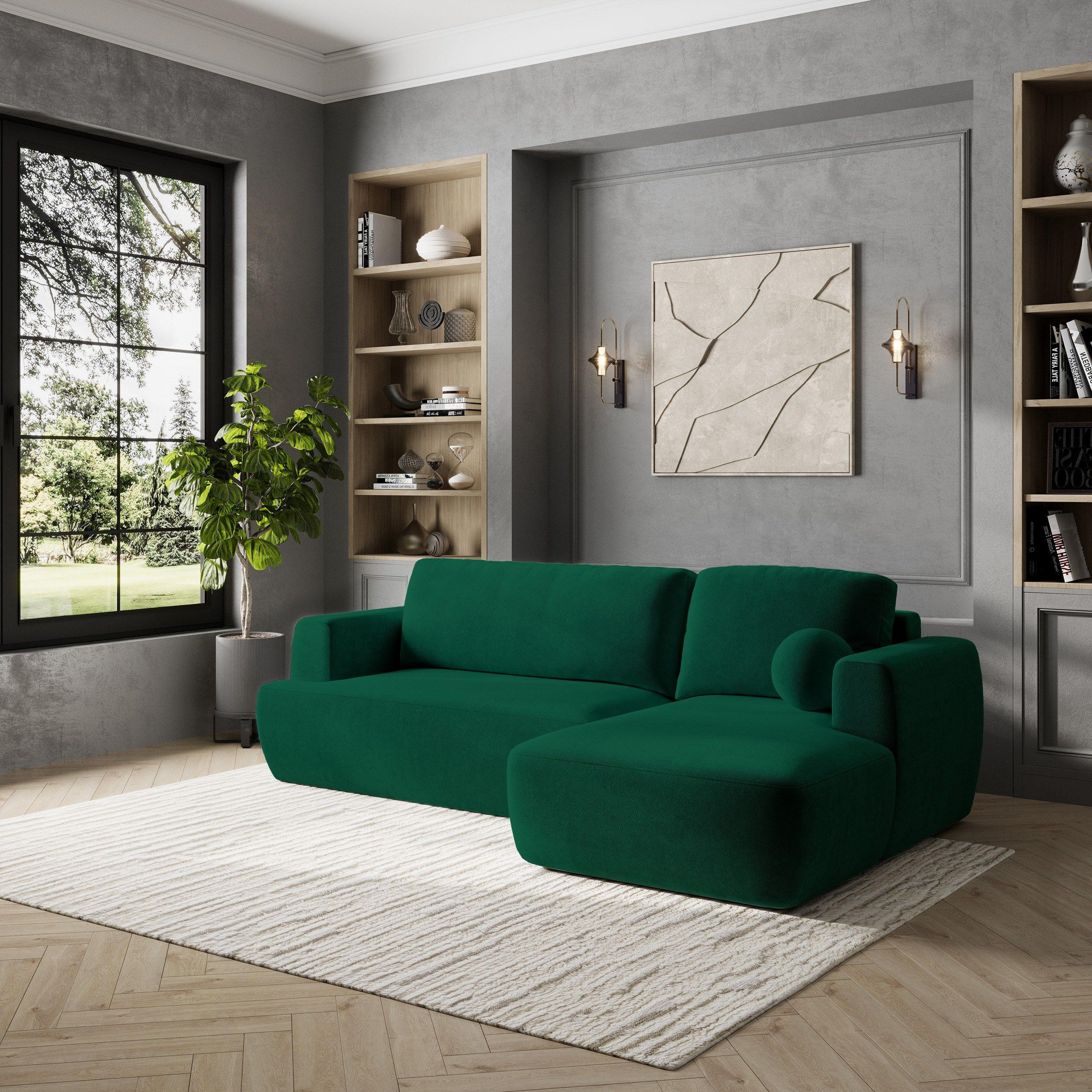 ECKSOFA SENTI K R-S Grün Plüsch-Stoff mit Schlaffunktion - Grün, Holz (246/148cm) - MASSENO