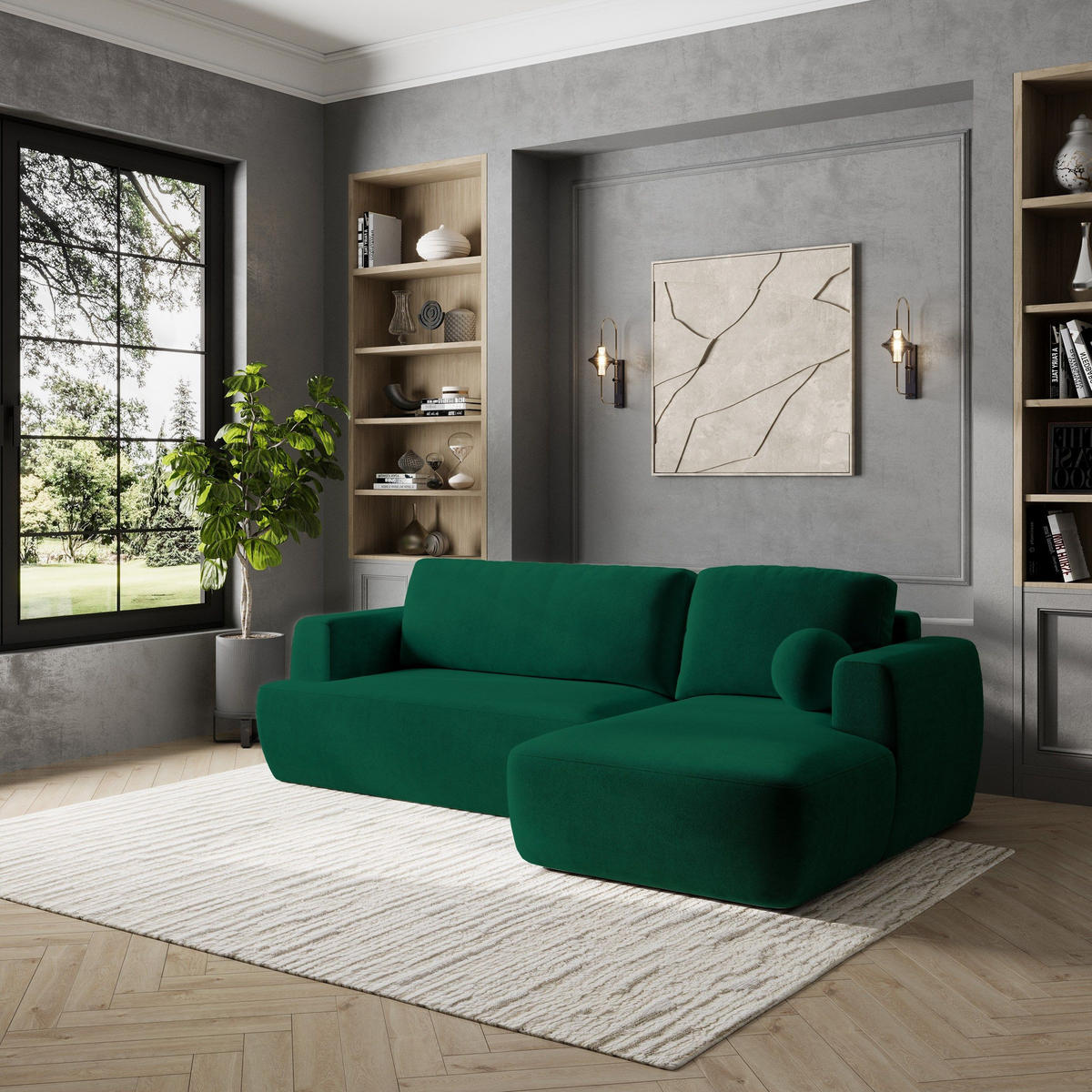 ECKSOFA SENTI K R-S Grün Plüsch-Stoff mit Schlaffunktion - Grün, Holz (246/148cm) - MASSENO
