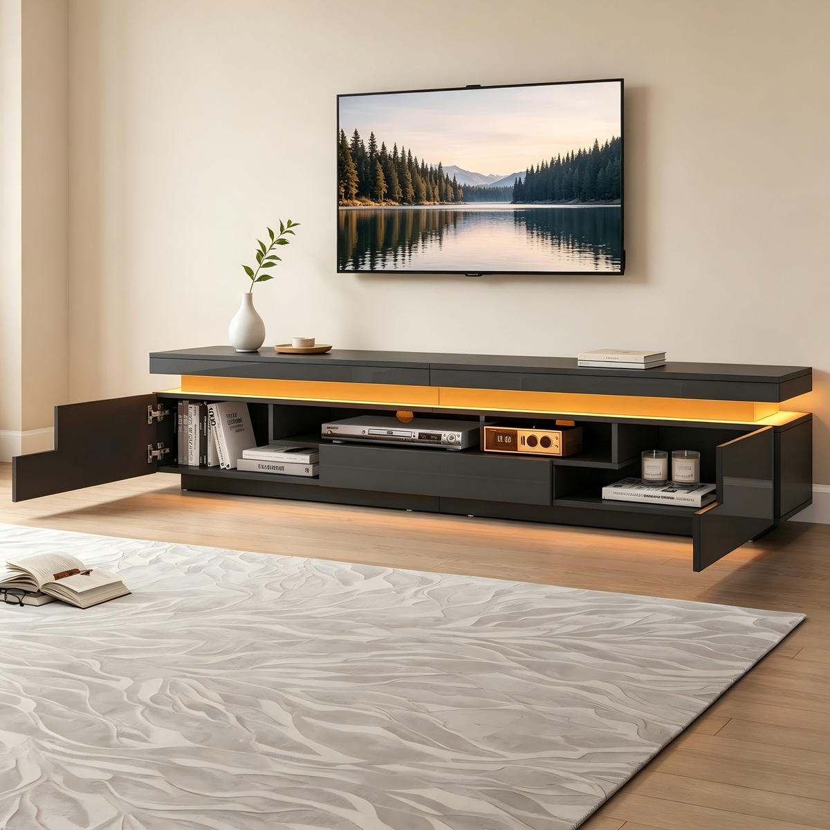 TV-ELEMENT 175/38/45 cm Hochglanz Schwarz mit LED-Beleuchtung und Stauraum - Schwarz, Holzwerkstoff (38/45/175cm) - Korfee