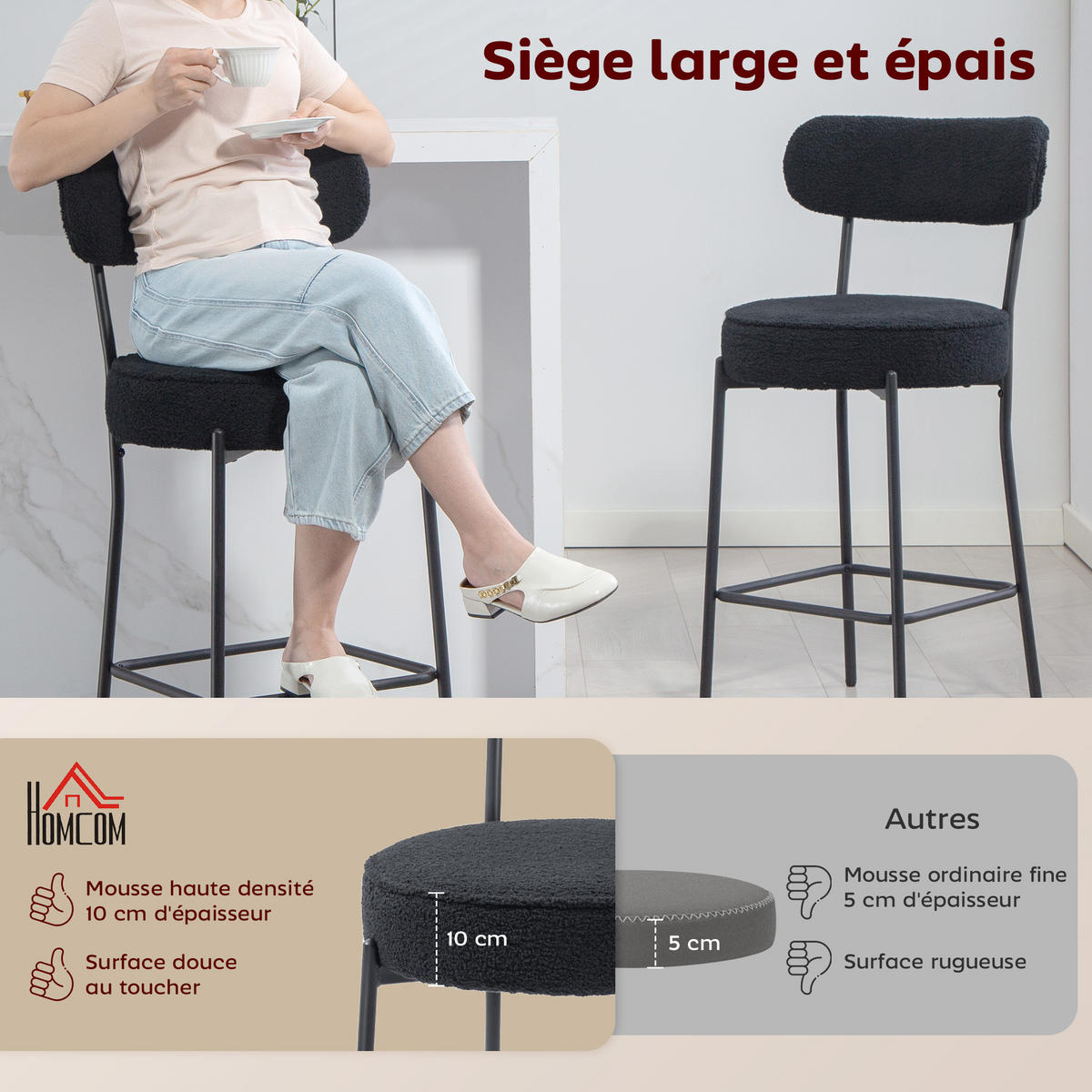 BARHOCKER 2er-Set DE-14786 gepolstert mit Fußstütze Schwarz - Schwarz, Metall (52/95/49cm) - ComfortXL