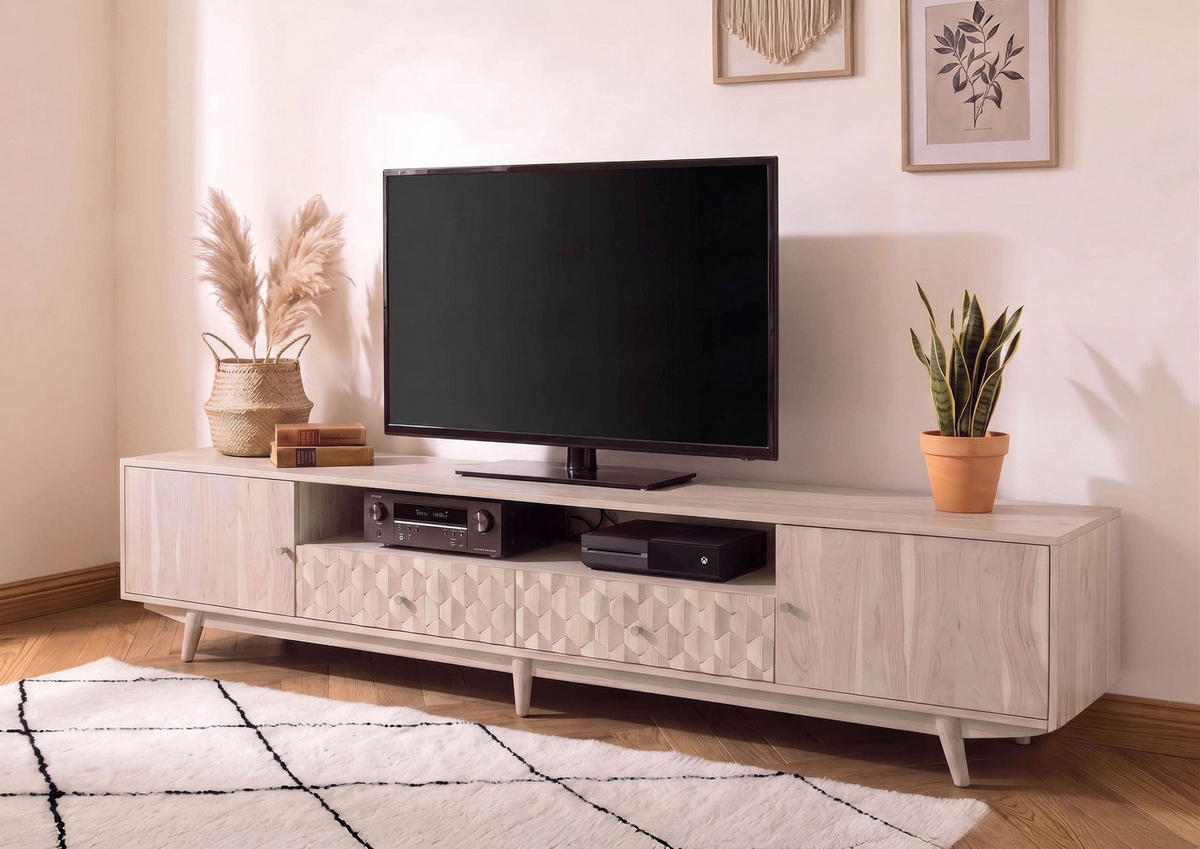 TV-BOARD Akazie 235x40x49 weiß lackiert MOSAYK #219 - Weiß, Holz (235/49/40cm) - Massivmoebel24