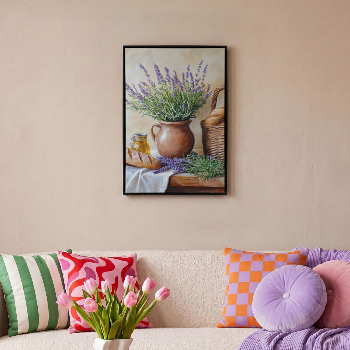 LEINWAND Bilder mit Rahmen - Lavendel - Brot - Stilleben - 40x60 - Flieder, Textil (40/60cm) - MuchoWow