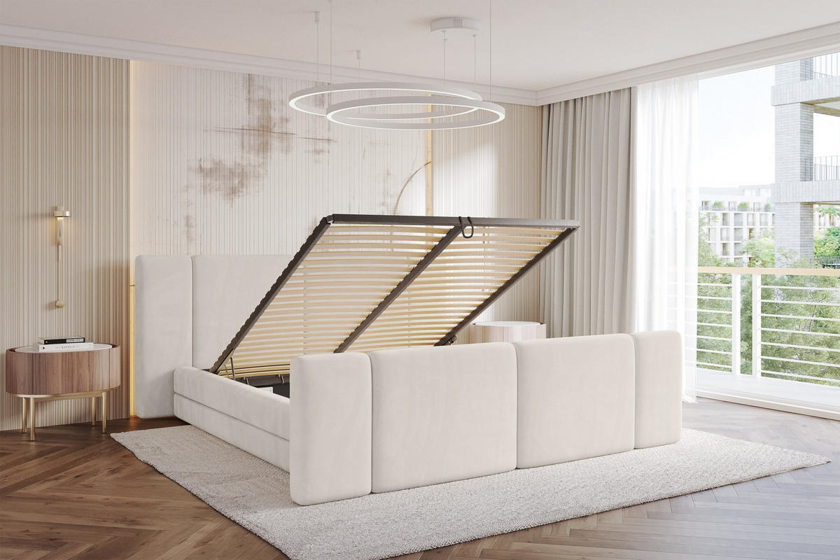 POLSTERBETT mit Bettkasten, Fußteil und Lattenrost, Bett mit Matratze H3/H4 - TEVO-Z 160x200 Beige - Ecru, Holzwerkstoff/Textil (160/200cm) - ALTDECOR