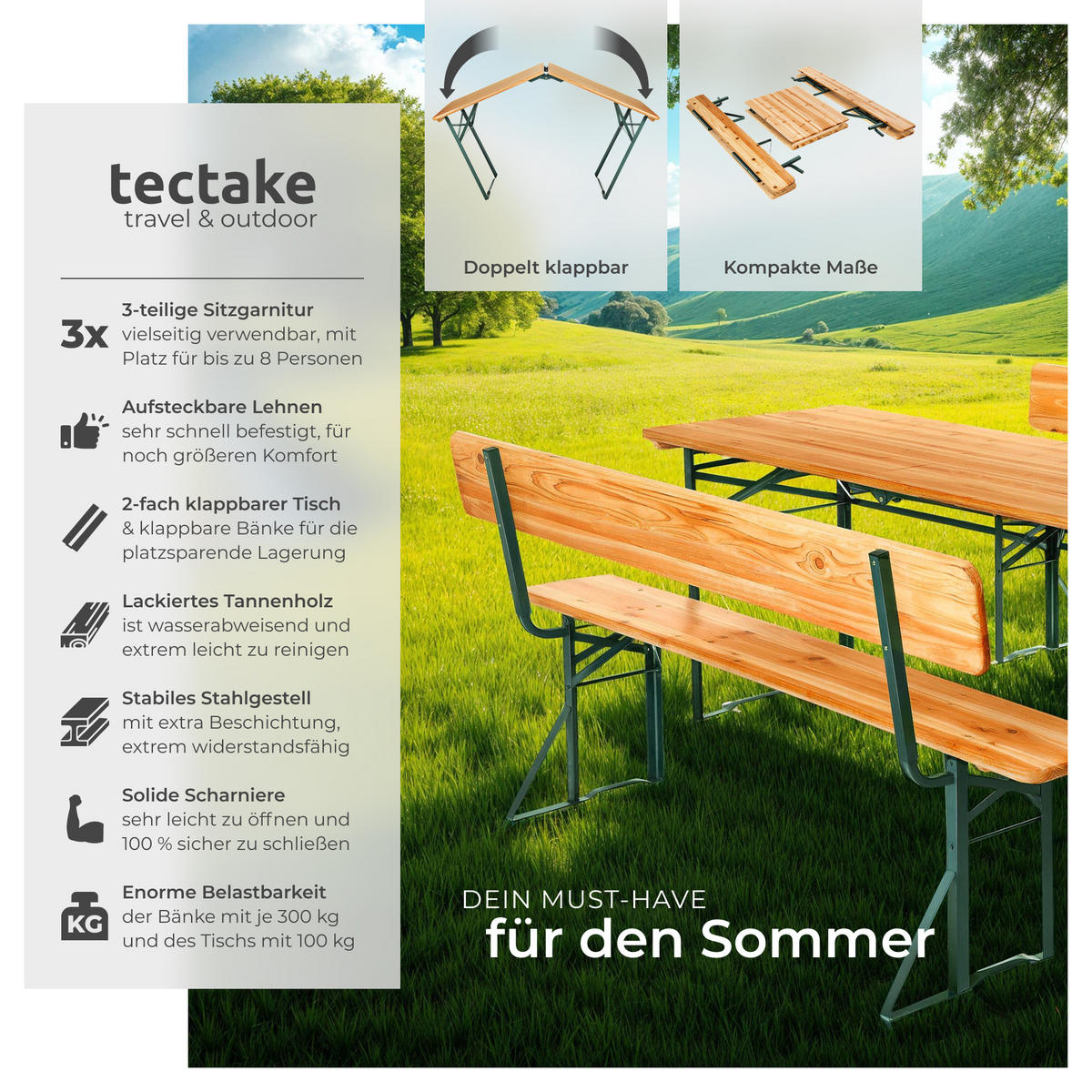 BIERZELTGARNITUR Franz Ii,robustes Tannenholz mit Schutzlackierung,braun - Braun, Naturmaterialien/Holz - tectake
