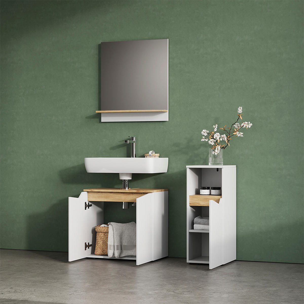 BADMÖBEL-KOMBINATION Timavo Weiß 3 Teile, mit Midischrank - Weiß/Eiche Artisan, Holzwerkstoff (60/57/35cm) - Livinity®