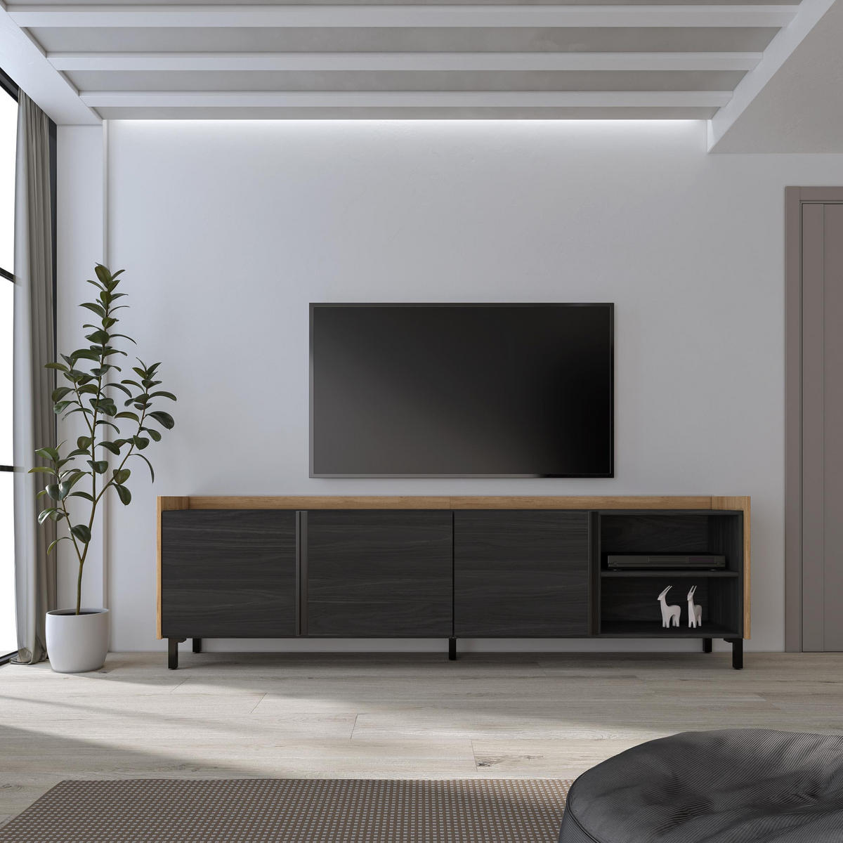 LOWBOARD, Schwarz und Eiche, 207/35/61cm, mit Beinen - Schwarz, Holzwerkstoff (207/61/35cm) - Skraut Home