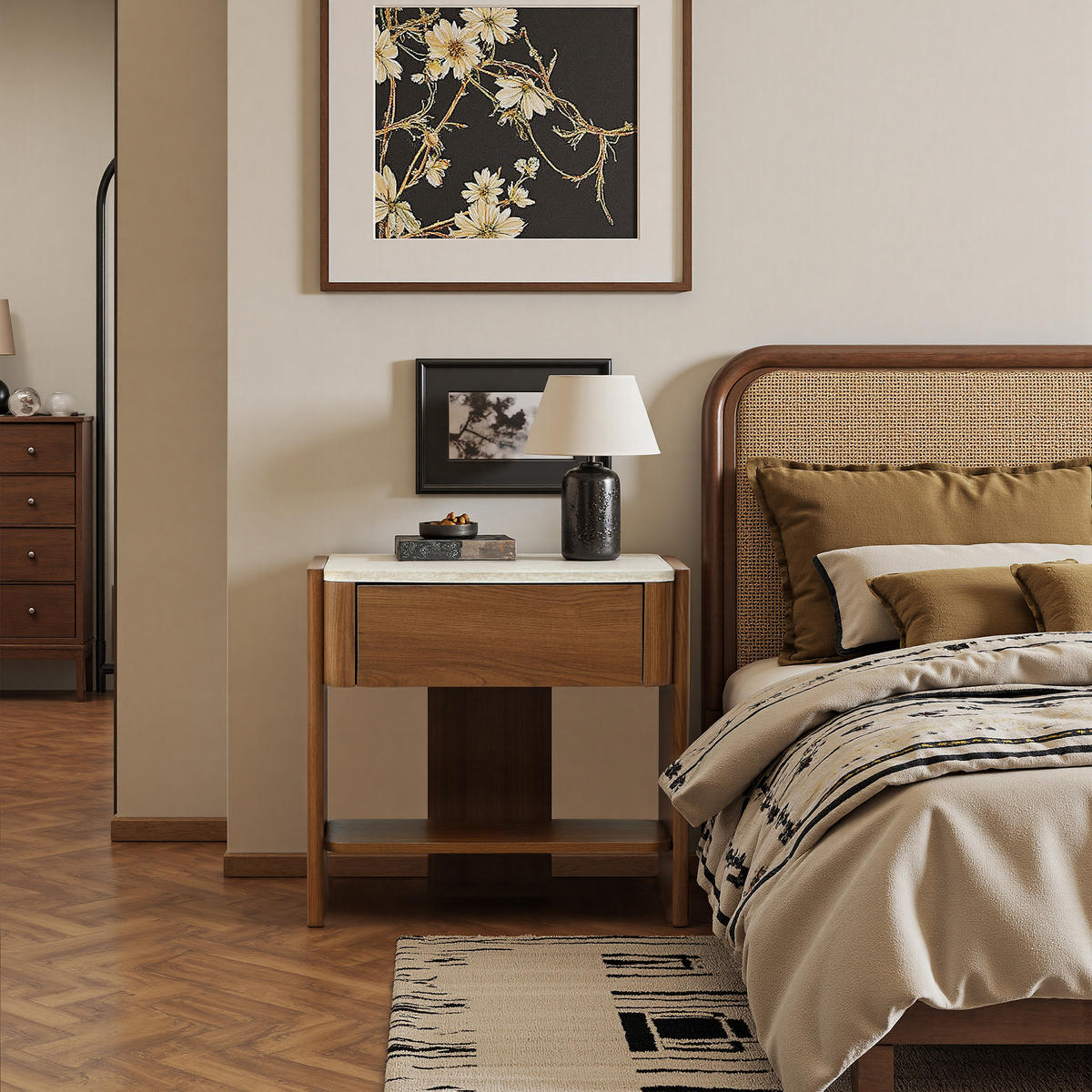 NACHTTISCH Modern mit Marmoroptik, Braun, MDF | B55 x T40 x H53 cm - Braun, Holz (55/53/40cm) - Hometopia