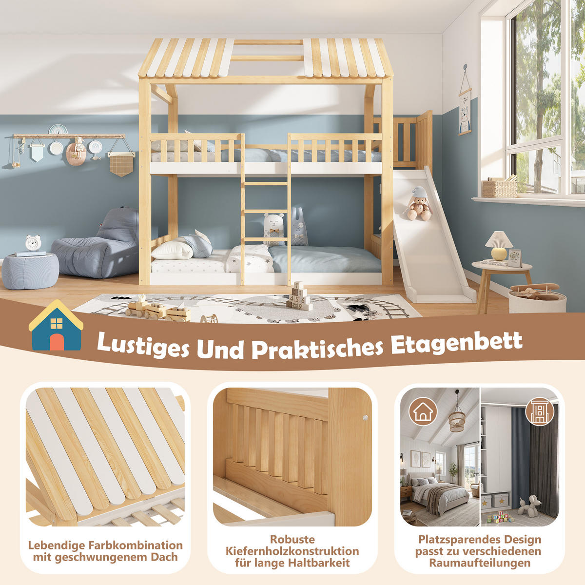 ETAGENBETT 90/200 cm Naturholz + Weiß mit Rutsche und Regalen - Naturfarben, Holz (90/200cm) - Oxeza