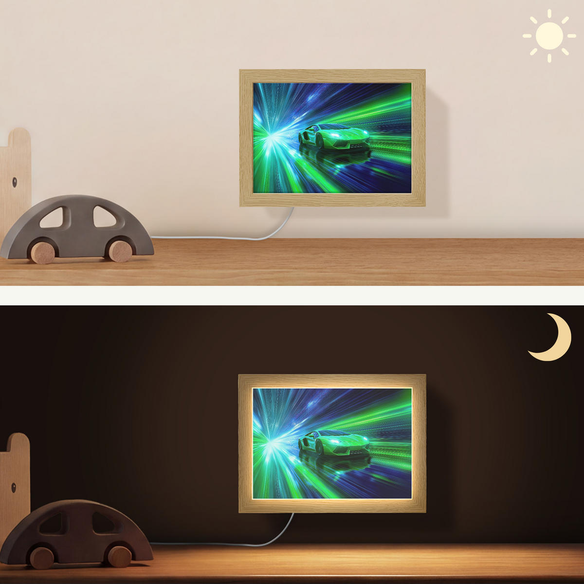 NÁSTĚNNÁ LAMPA Rychlost - Lehké - Sportovní vůz - Zelená 20x15 cm - zelená barva, kompozitní dřevo (20/15/8cm) - OnlyWow