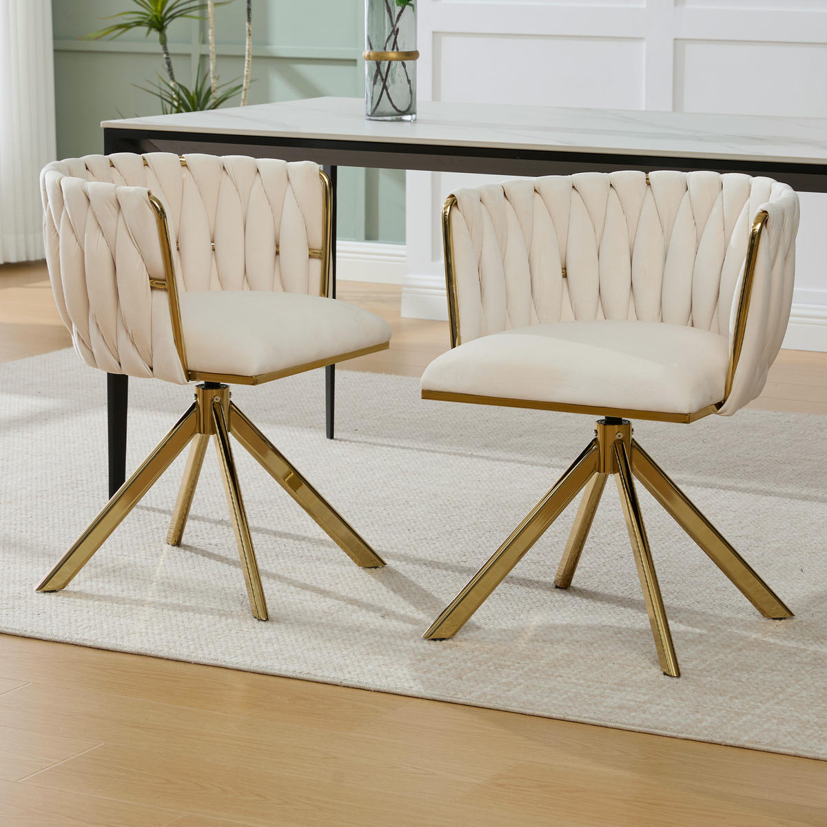 ARMLEHNSTUHL(SET à 2 Stück) mit Metallgestell - ergonomische Rückenlehne und 180° Schwenkfunktion - Elfenbein - Beige, Textil/Metall (50/70/56cm) - KOMHTOM