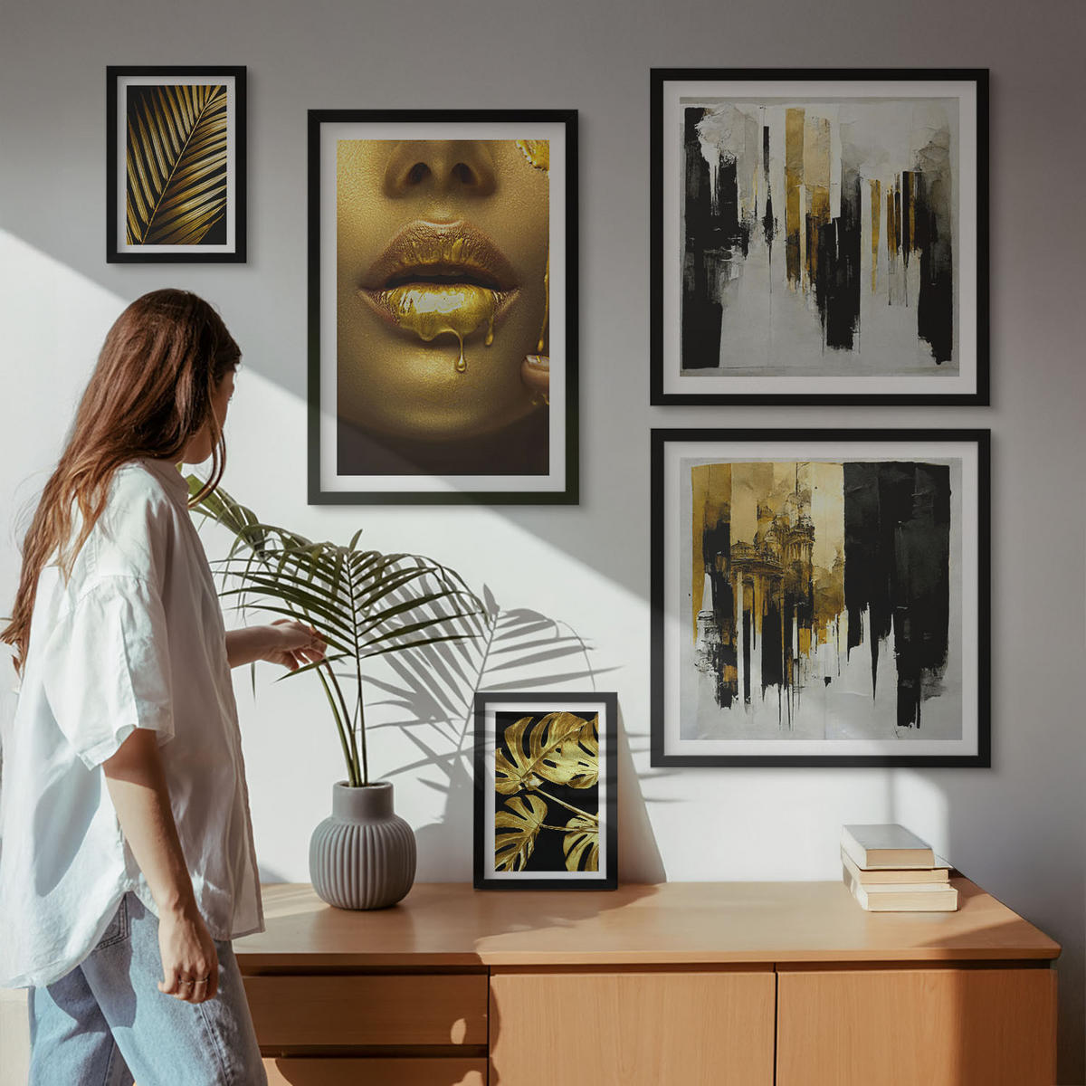 WANDBILDER 5er-Set - 50x50 cm & 20x30 cm & 40x60 cm Schwarzer Rahmen - Sonnenuntergangsbrücke Landschaft - Schwarz, Kunststoff (40/60cm) - ArtPrintCave