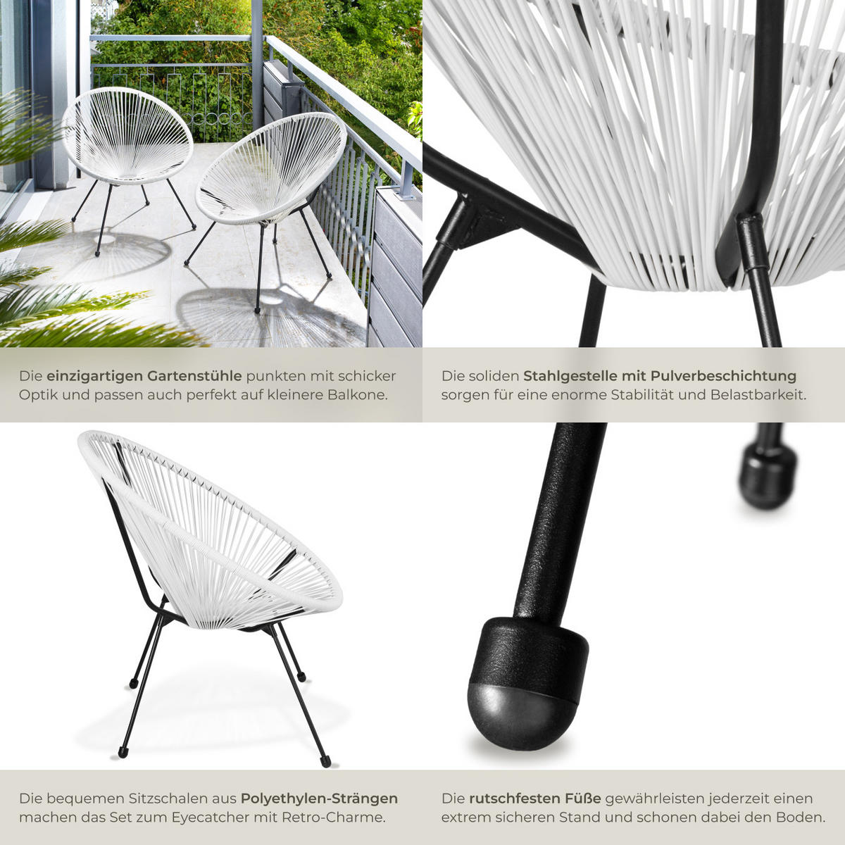 GARTENSTUHL 2er Set Santana, Belastbarkeit 120 kg, 70,5 x 69 x 78 cm, weiß - Schwarz/Weiß, Metall (70.5/78/69cm) - tectake