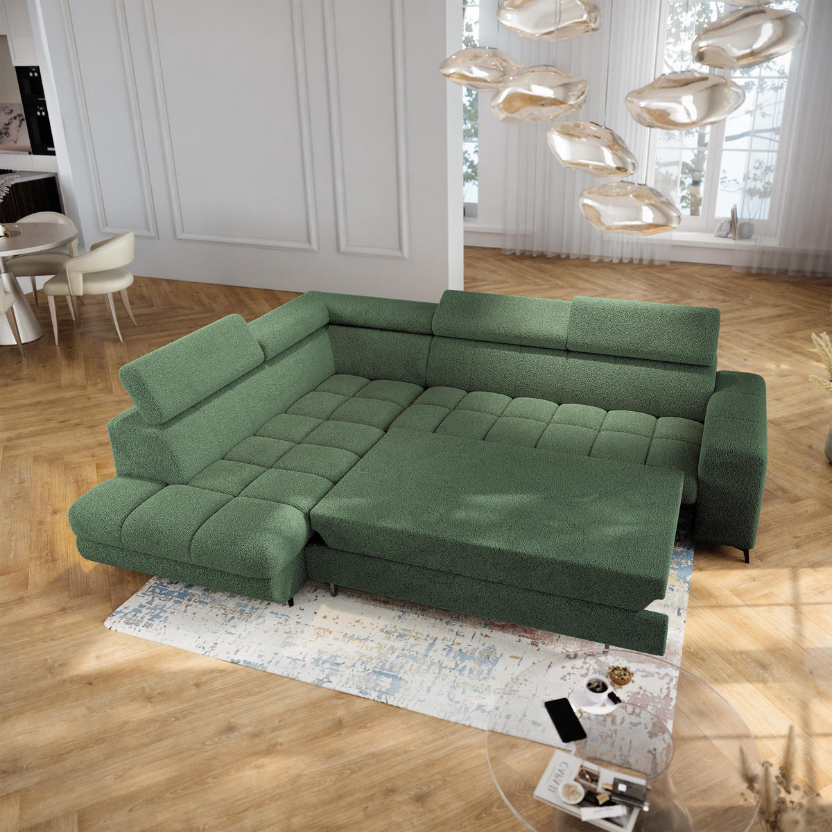 ECKSOFA MORIVA Q L-S Grün Boucle-Stoff mit Schlaffunktion - Grün, Holzwerkstoff/Textil (253/190cm) - MASSENO