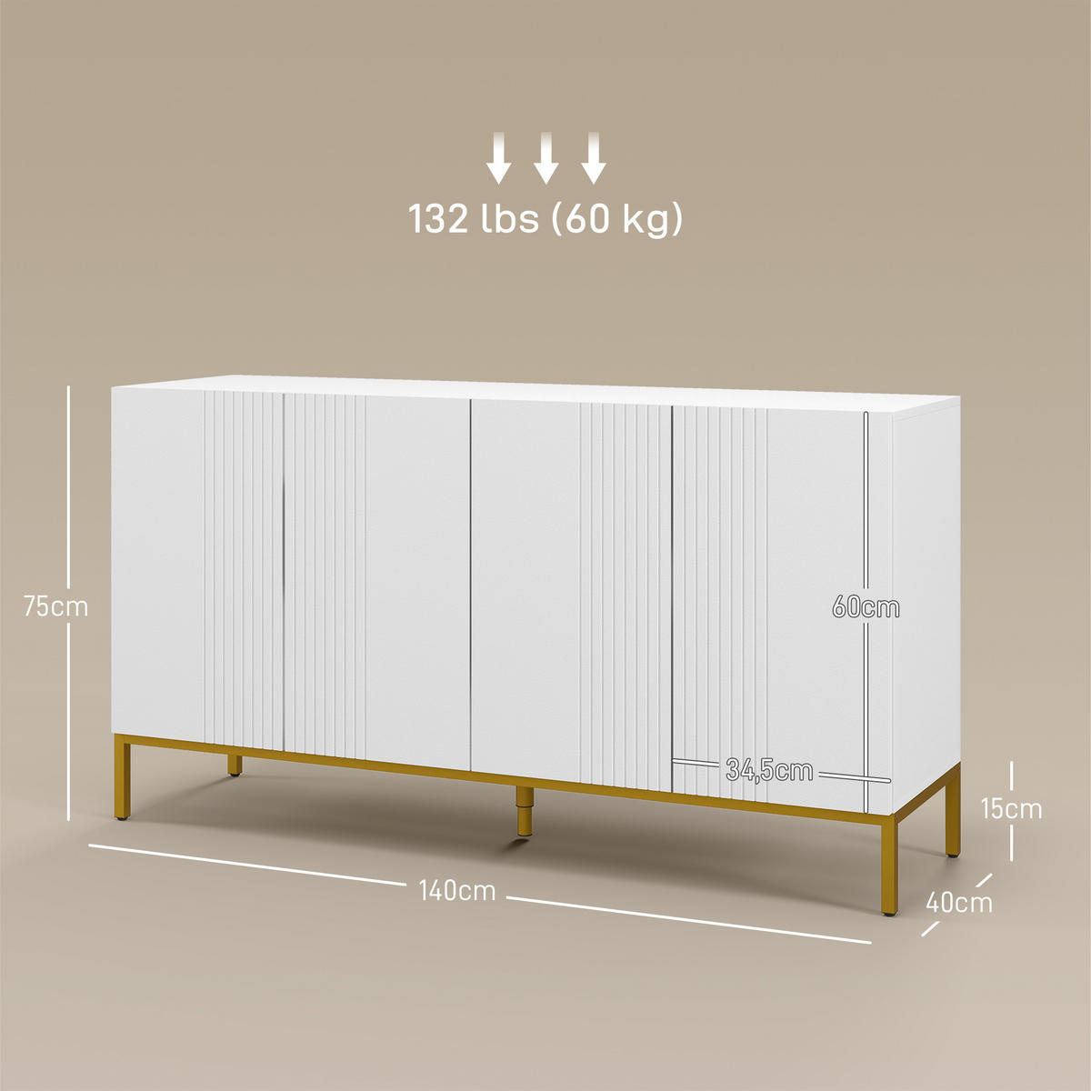 SIDEBOARD Weiß-Goldfarben, 4 Türen, 140/40/75 cm - Weiß, Holz (140/75/40cm) - PANGIVO