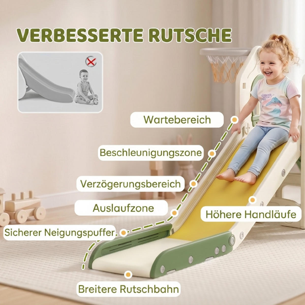 KINDERRUTSCHE 4-in-1 und Basketballkorb faltbar für 1–3 Jahre Cremeweiß - Ecru, Kunststoff (100/84/191cm) - Korfee