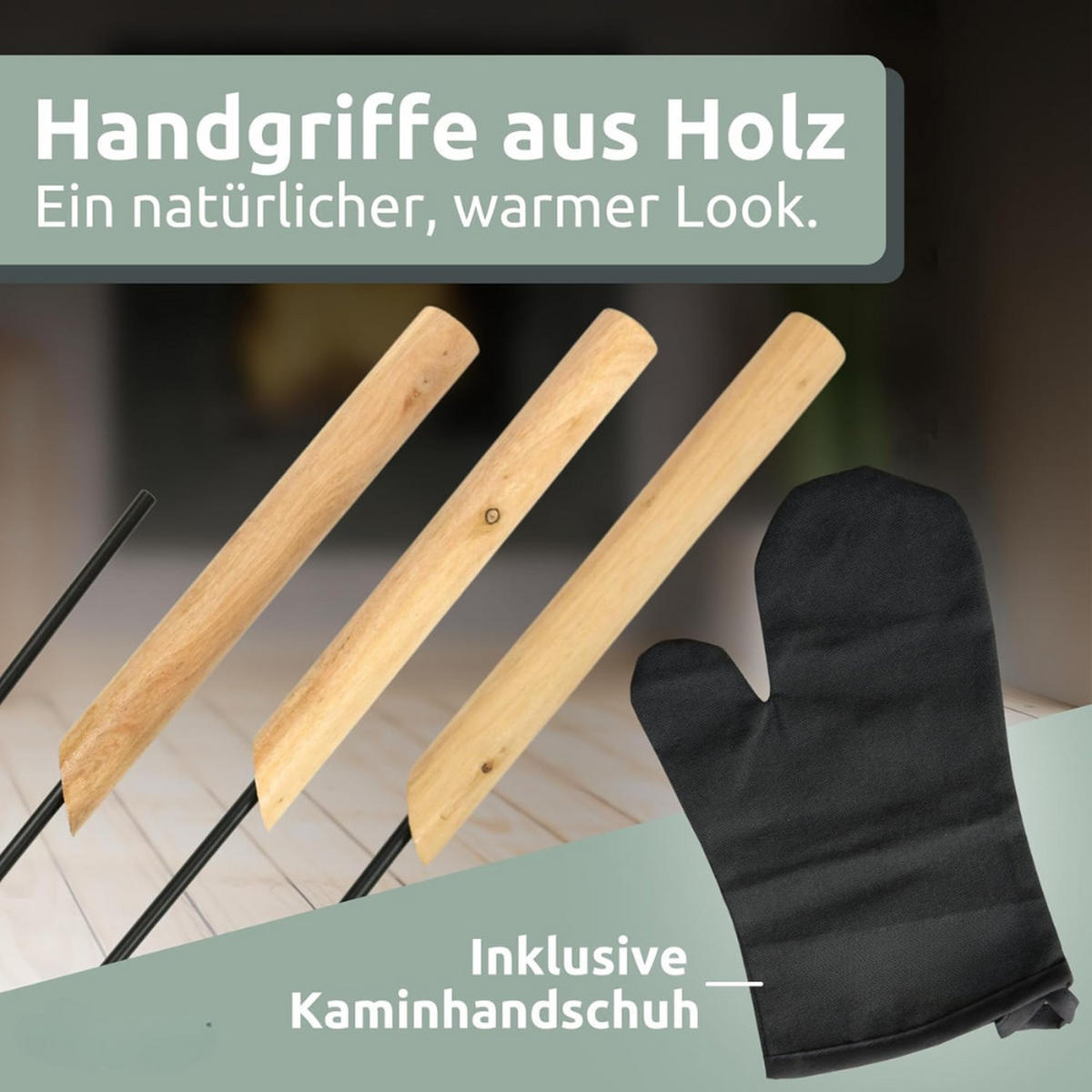 KAMINBESTECK modern THEO 6-tlg. mit Holzgriff Schürhaken Besen Ascheschaufel Schwarz - Schwarz, Metall (29/61/20cm) - DELUKE