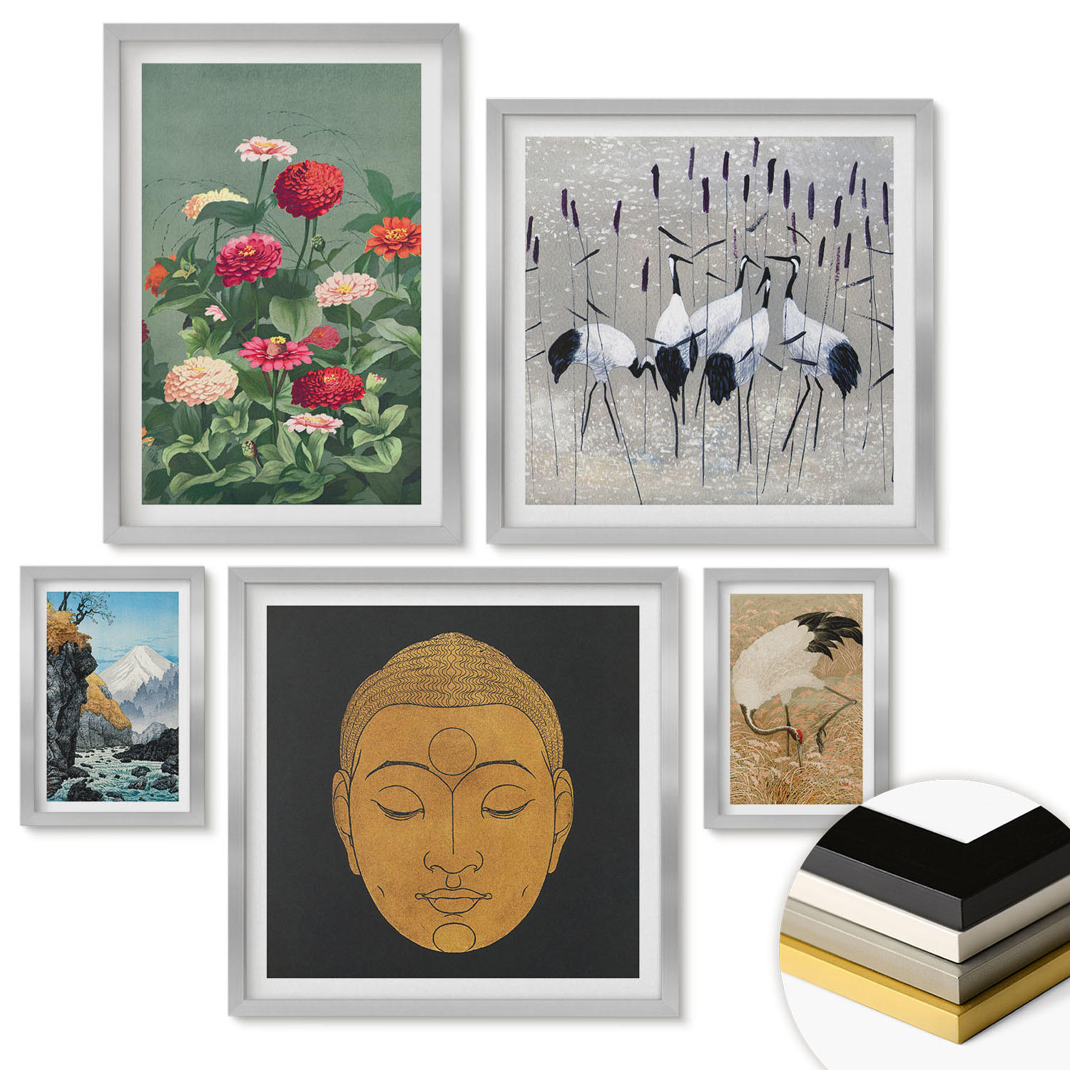 WANDBILDER 5er Set - 50x50 cm & 20x30 cm & 40x60 cm Silberner Rahmen - Abstrakte Berge und Blumen Inspiration - Silberfarben, Kunststoff (40/60cm) - ArtPrintCave