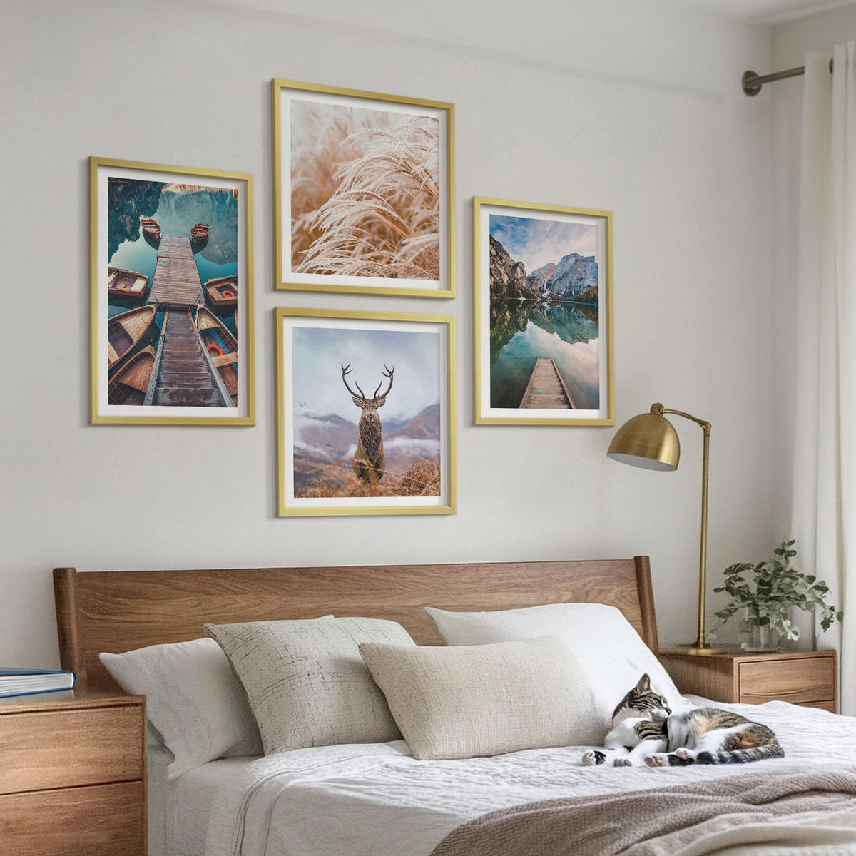 WANDBILDER 4er Set - 50x50 cm & 40x60 cm Goldrahmen - Seeboote Hirsche Berge - Goldfarben, Kunststoff (50/50cm) - ArtPrintCave