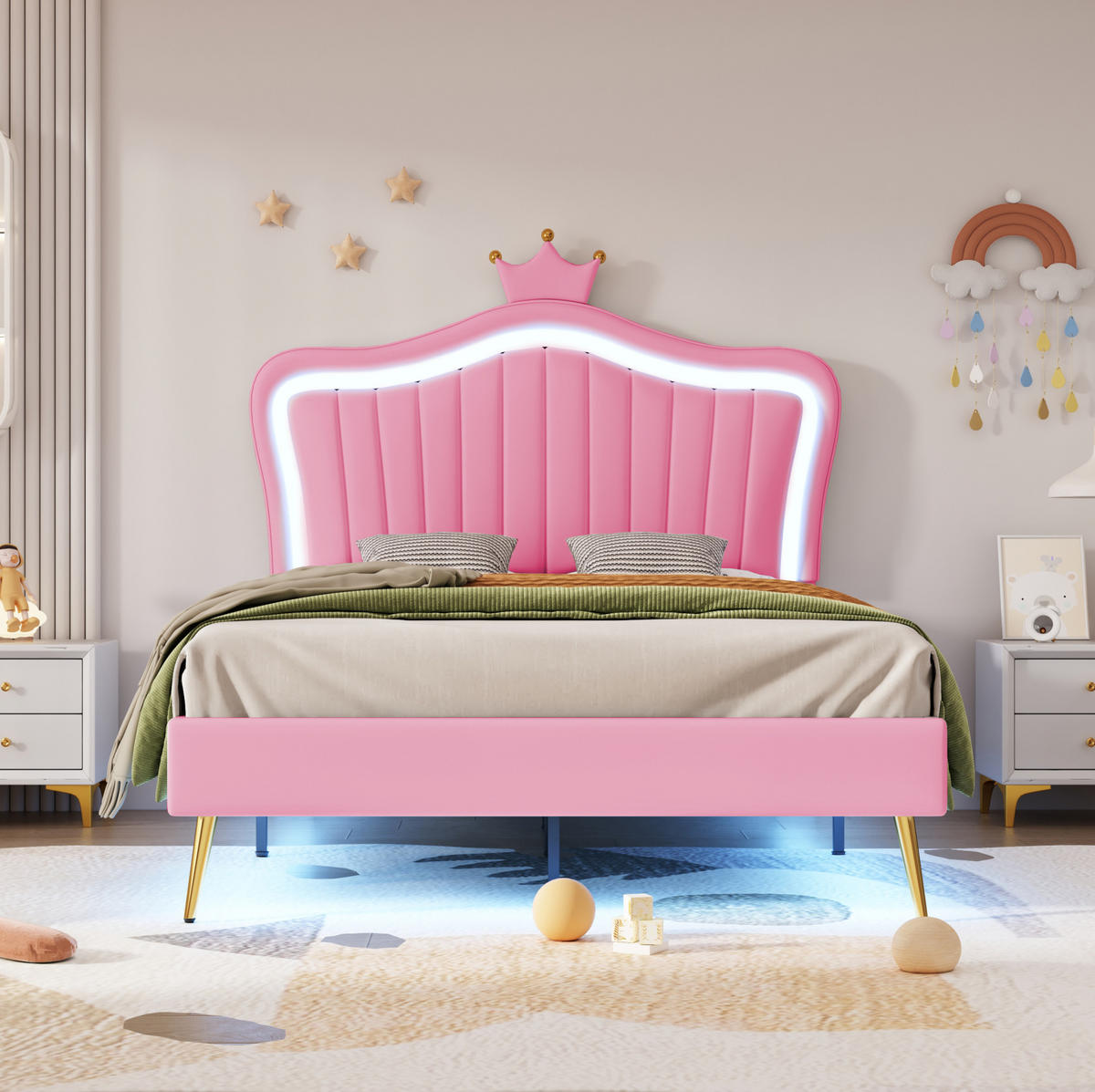 KINDERBETT 90/200 cm mit LED-Beleuchtung, verstellbarem Kopfteil und Muschel-Kronen-Design, Rosa - Pink, Textil (90/200cm) - Redom