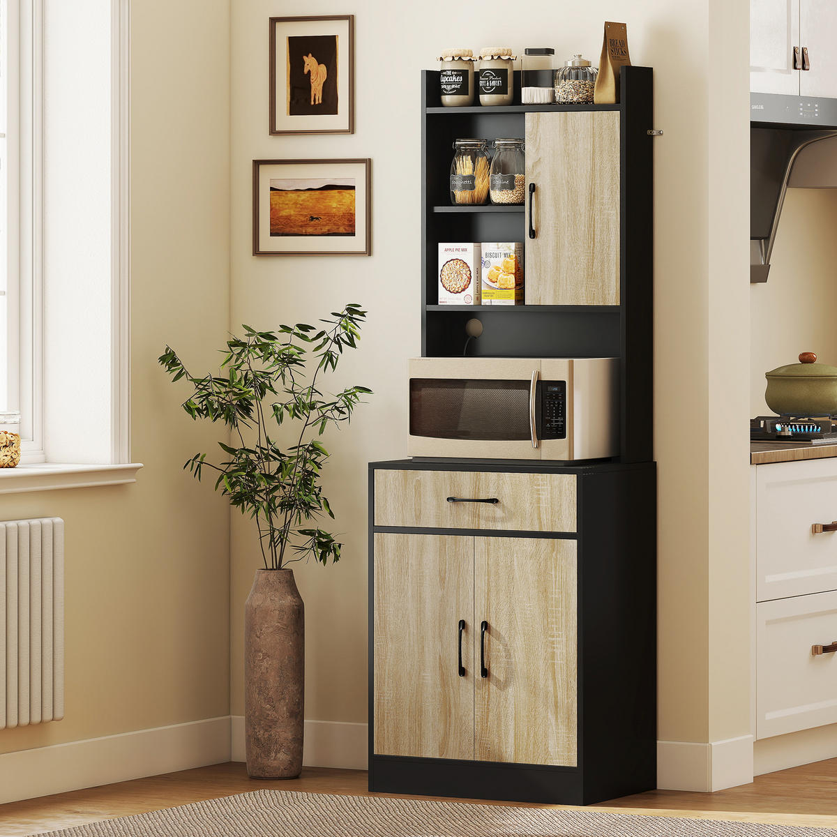 KÜCHENSCHRANK Hochschrank mit 3 Türen, Schublade, Mikrowellenablage, Kabelloch - Schwarz, Holzwerkstoff (40/180/60cm) - HOMCOM