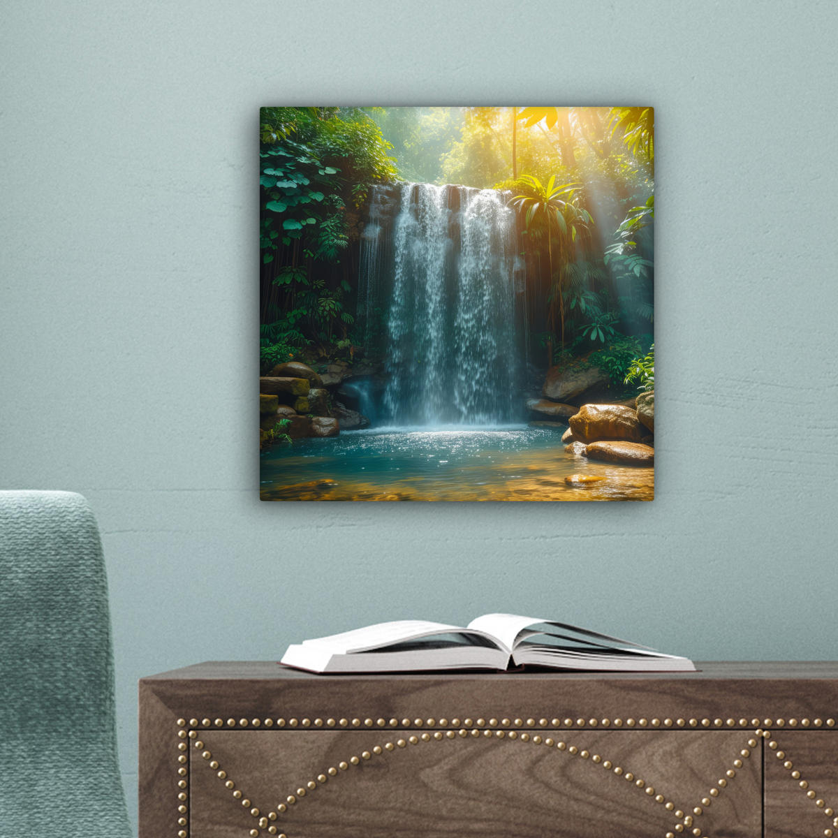 LEINWANDBILD Wasserfall - Dschungel - Sonne - Grün - Natur Deko Wohnzimmer 20x20 cm - Grün, Textil (20/20cm) - MuchoWow