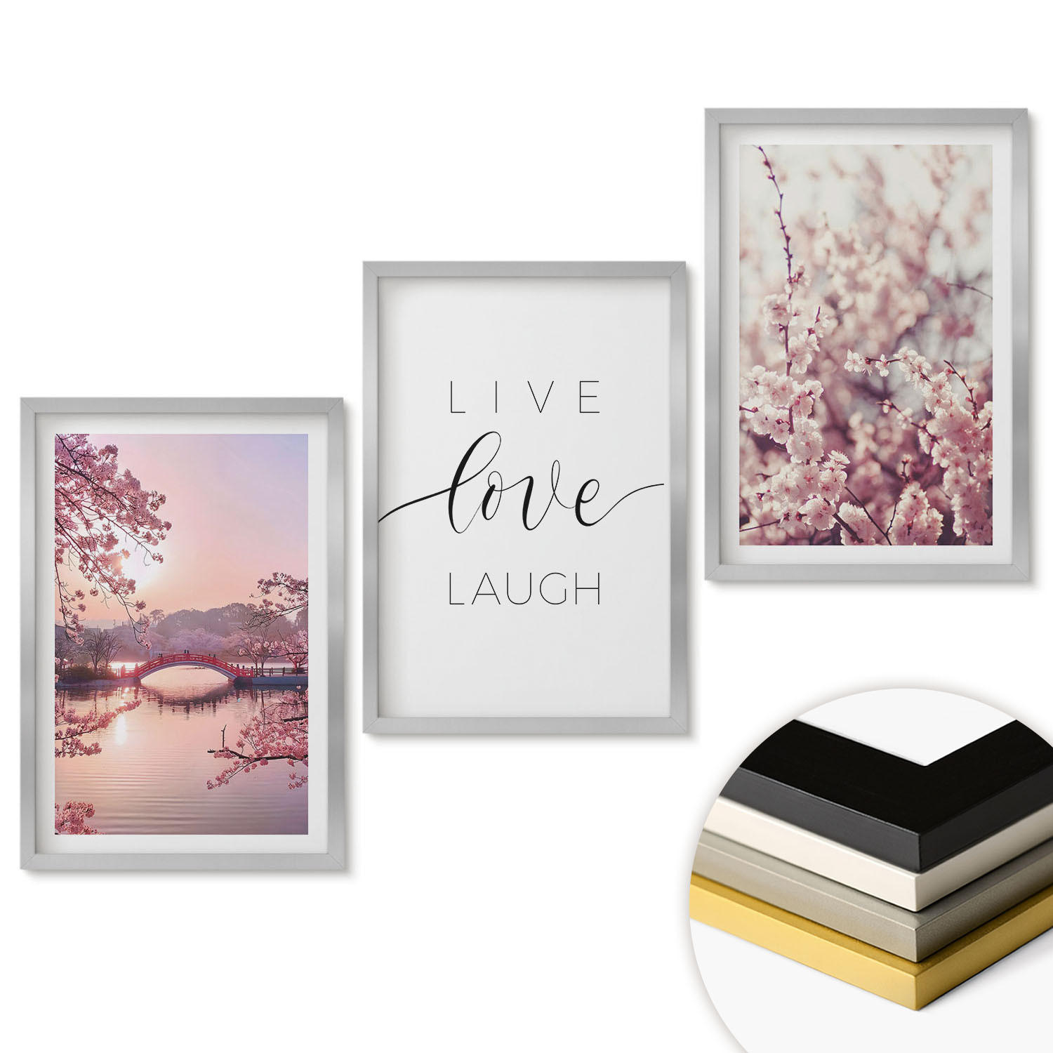 WANDBILDER 3er Set - 40x60 cm Silberner Rahmen - Blumenbrücken-Inschriftenmotiv - Silberfarben, Kunststoff (40/60cm) - ArtPrintCave