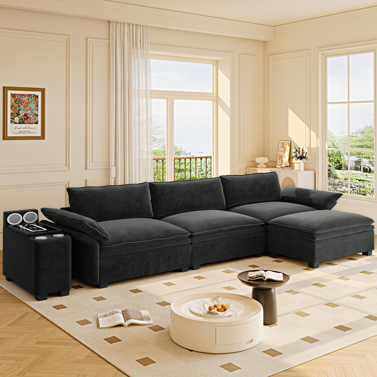 ECKSOFA DE-34944 L-Form mit Funktionskonsole Schwarz - Schwarz, Holz (70/315cm) - ComfortXL