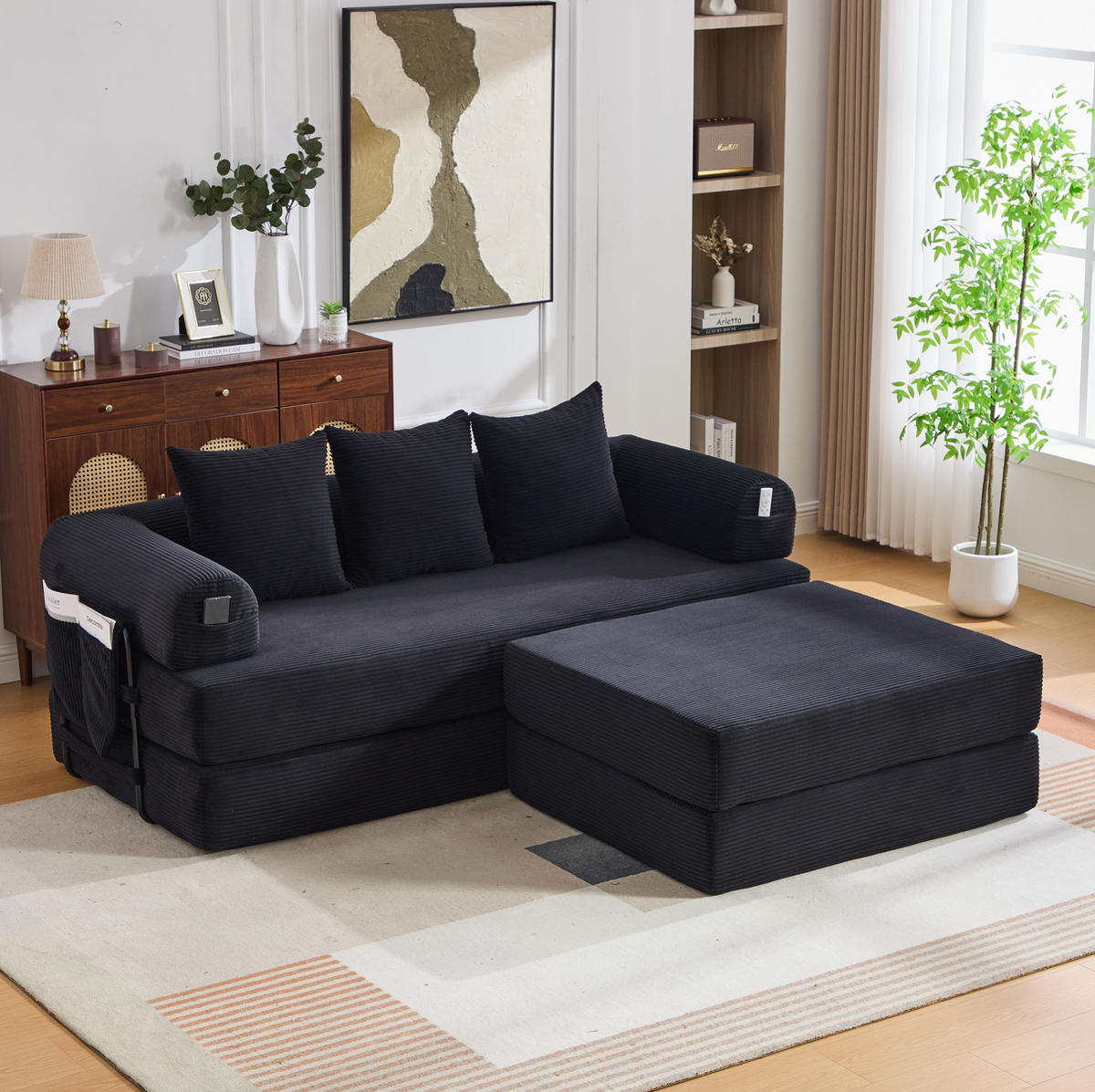 ECKSOFA aus Cord 200x190x67 cm Schwarz mit Hocker, Seitentasche und 3 Kissen - Schwarz, Textil (200/190cm) - Modfu