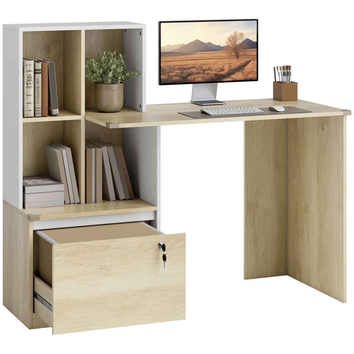 SCHREIBTISCH Weiß und Eichefarben mit Regal und abschließbarer Schublade 126/50/109 cm - Eichefarben, Holzwerkstoff (50/126/109cm) - PANGIVO