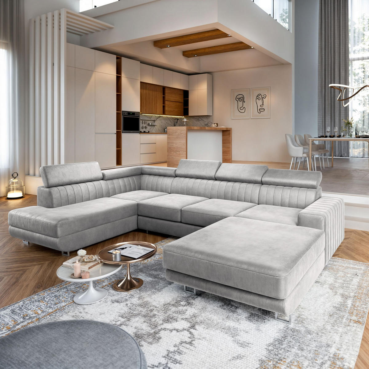 WOHNLANDSCHAFT SIENA L-S Hellgrau Velours-Stoff mit Schlaffunktion - Hellgrau, Holz (335/89/190cm) - MASSENO