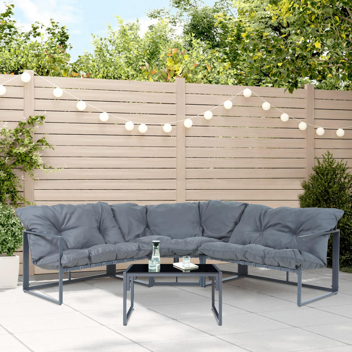 GARTENMÖBEL-SET 4 TLG. Karg - Dunkelgrau/Schwarz, Glas/Kunststoff - casa.pro