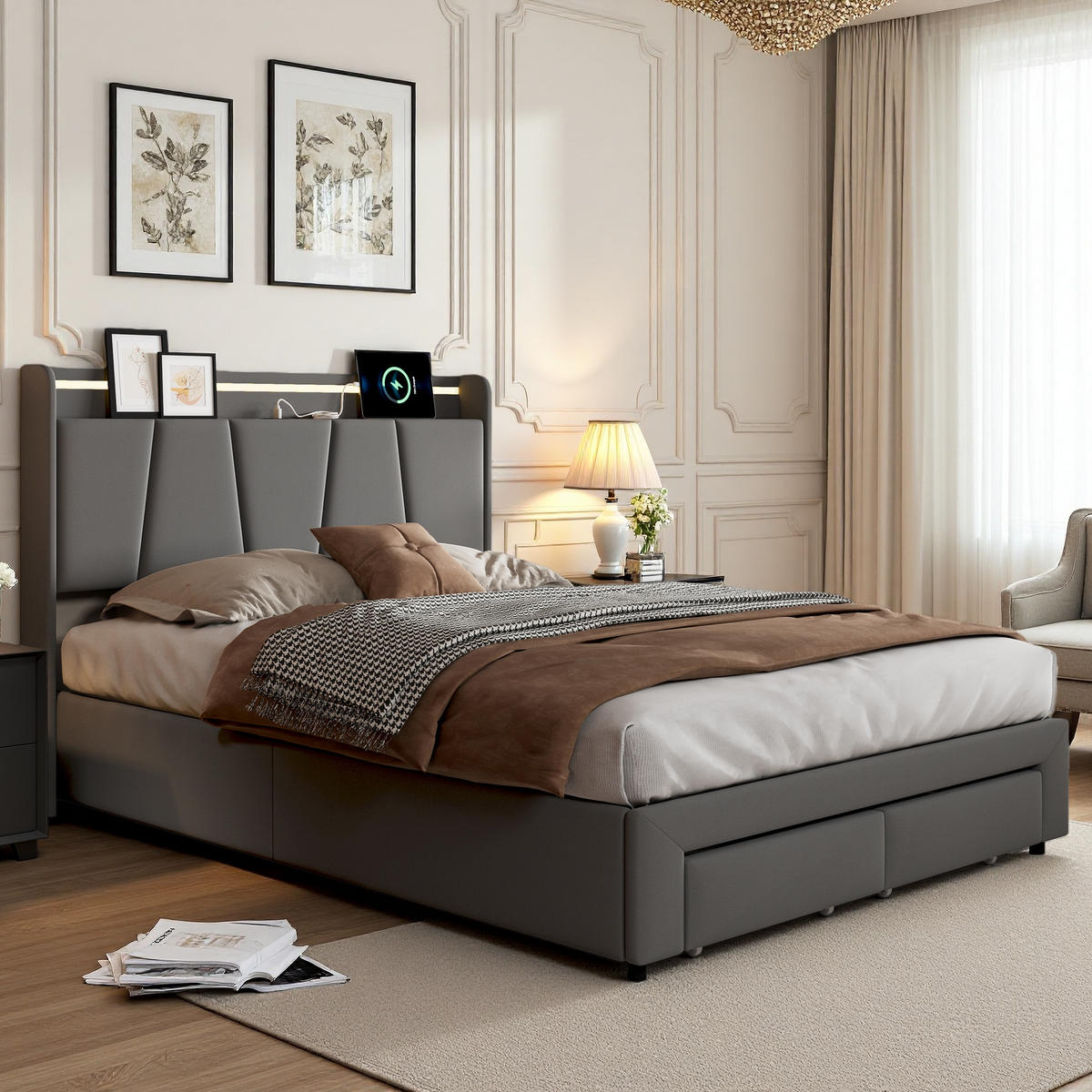 POLSTERBETT 140x200 cm LED USB Stauraum Lattenrost dunkelgrau - Grau, Holz (140/200cm) - LEBENLANG