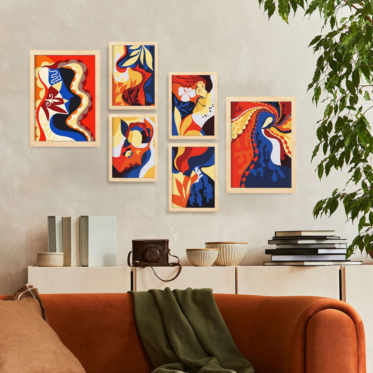 POSTER Set Mit 6 Rococo Arts 2 In Weibliche Zusammenfassung Ästhetische Dekorative Gemälde Für Ihr Wohnzimmer Zuhause A3 & A4 Rahmen Aus Hellem Holz - Beige, Papier (29/3cm) - Nacnic