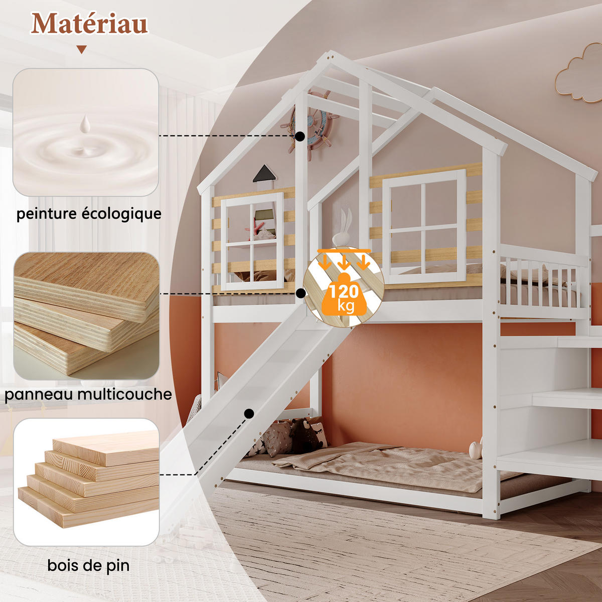 ETAGENBETT 90/200 mit Rutsche, Treppe und Absturzsicherung in Weiß - Weiß, Holz (90/200cm) - EVRYAE