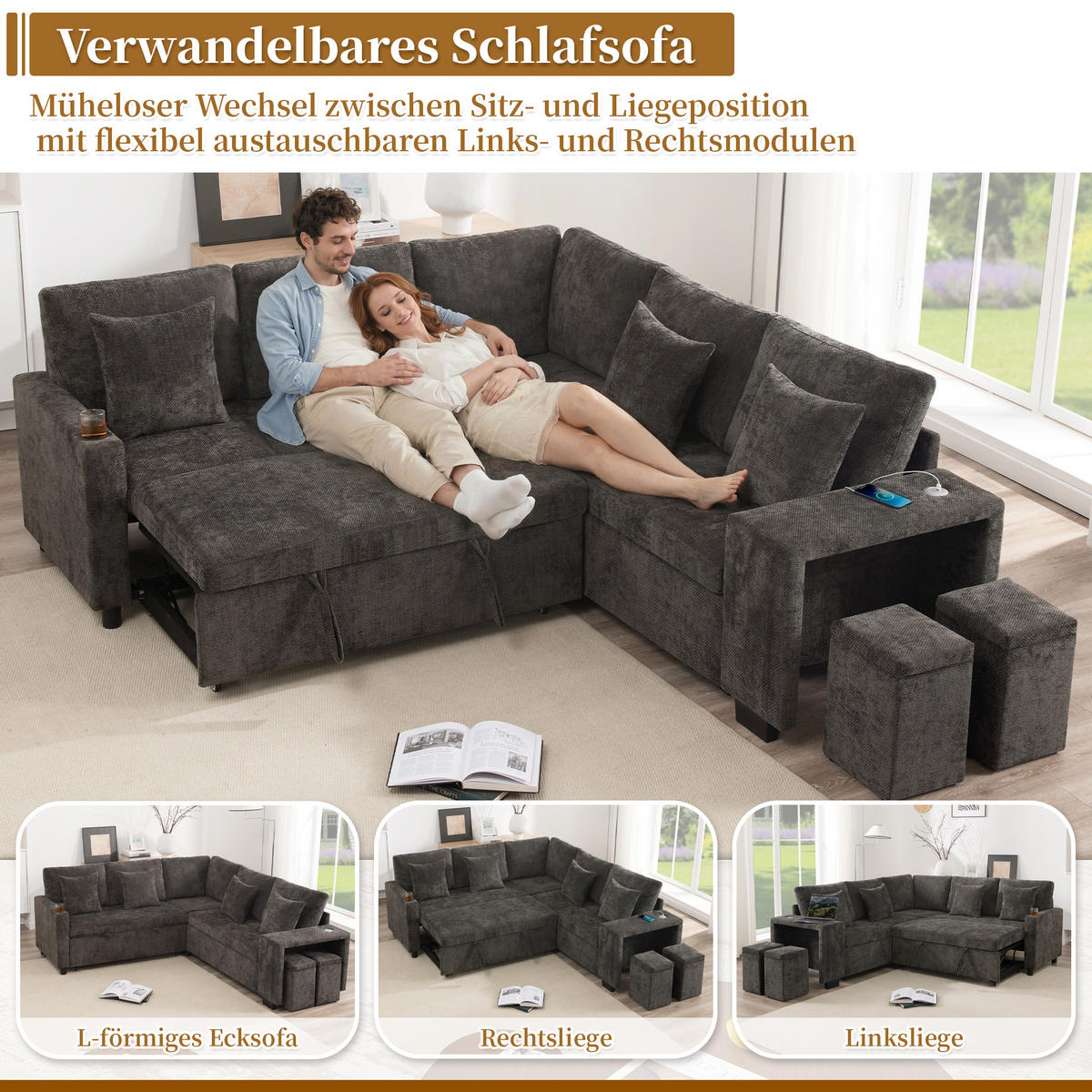 SCHLAFSOFA Grau L-Form USB Stauraum Getränkehalter Kissen - Grau, Textil (205/220cm) - FLIEKS