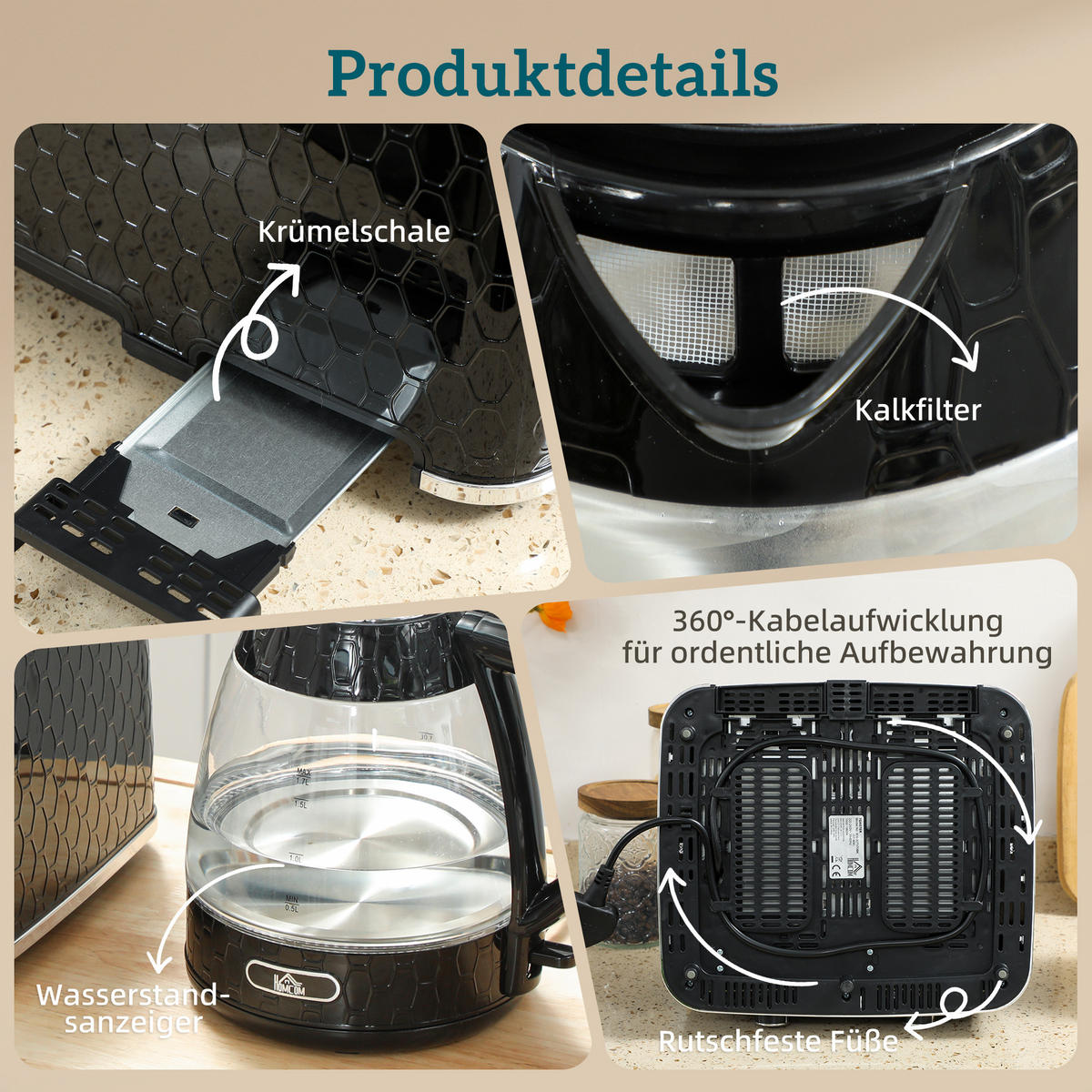 TOASTER mit Wasserkocher DE-07941 Schwarz - Schwarz, Kunststoff (16.9/23.8/22.2cm) - ComfortXL
