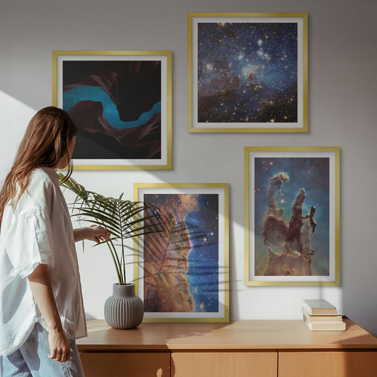 WANDBILDER 4er Set - 50x50 cm & 40x60 cm Goldrahmen - Weltraumlandschaften von Galaxien - Goldfarben, Kunststoff (50/50cm) - ArtPrintCave